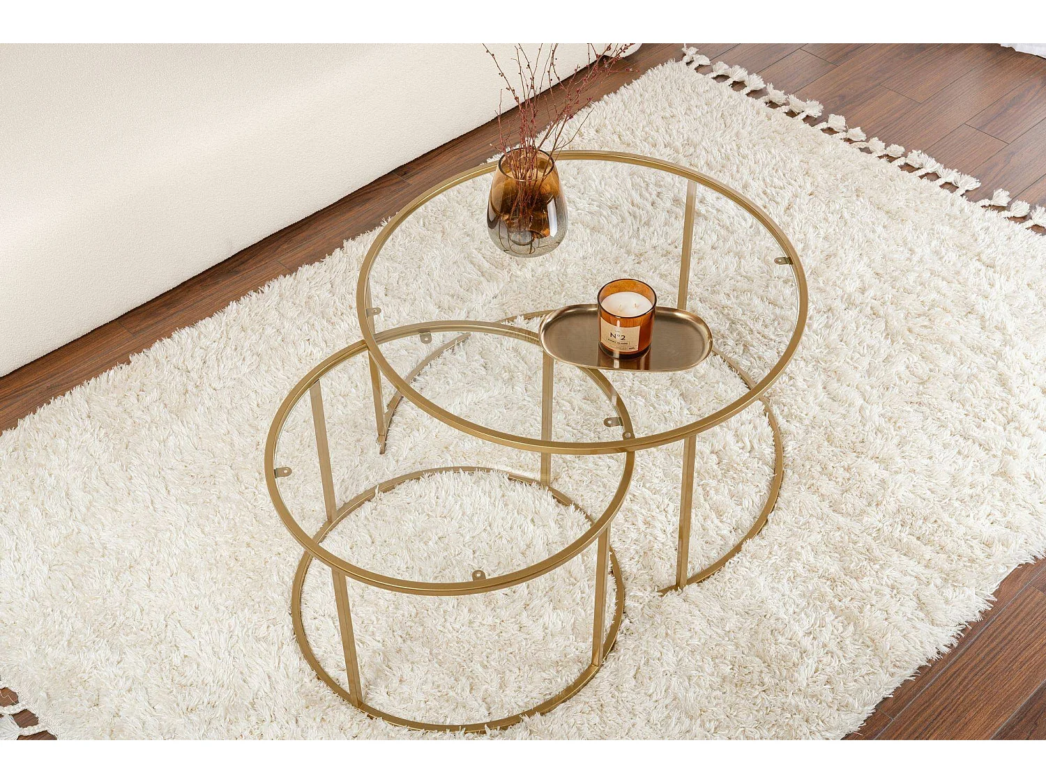 Aedion salontafel, set van 2 tafeltjes, 80x80x43h cm goud, ronde vorm, transparant blad