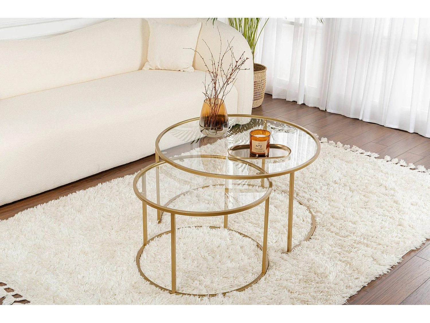 Aedion salontafel, set van 2 tafeltjes, 80x80x43h cm goud, ronde vorm, transparant blad