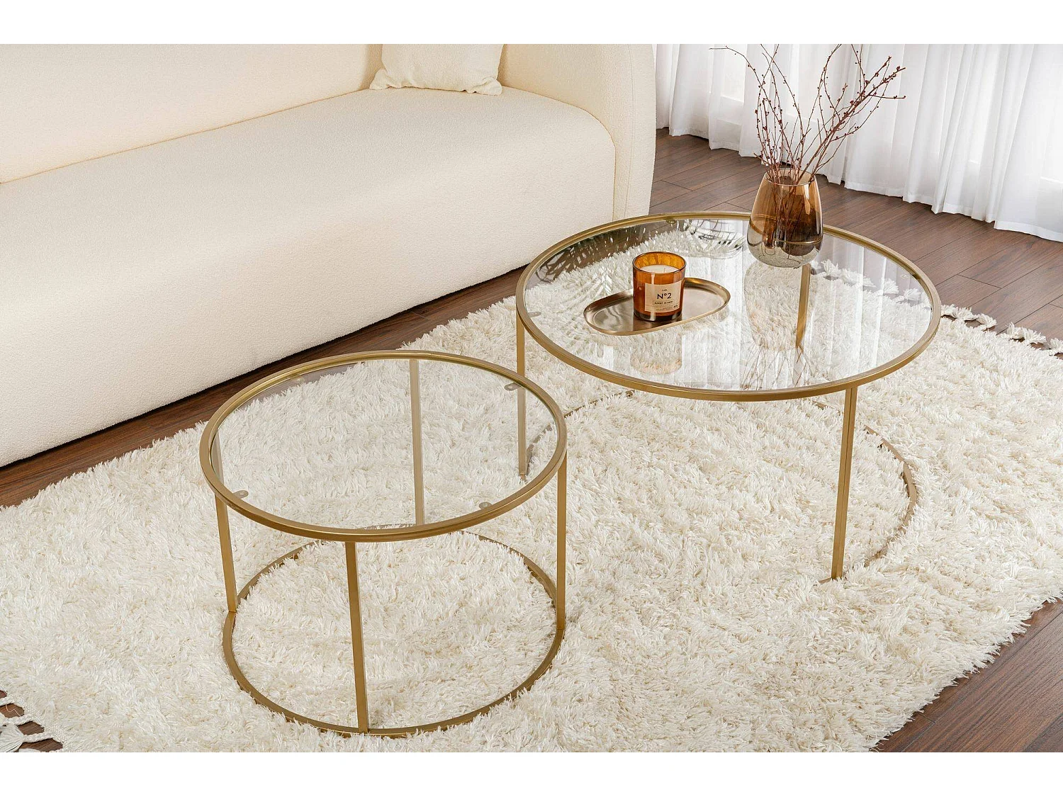 Aedion salontafel, set van 2 tafeltjes, 80x80x43h cm goud, ronde vorm, transparant blad