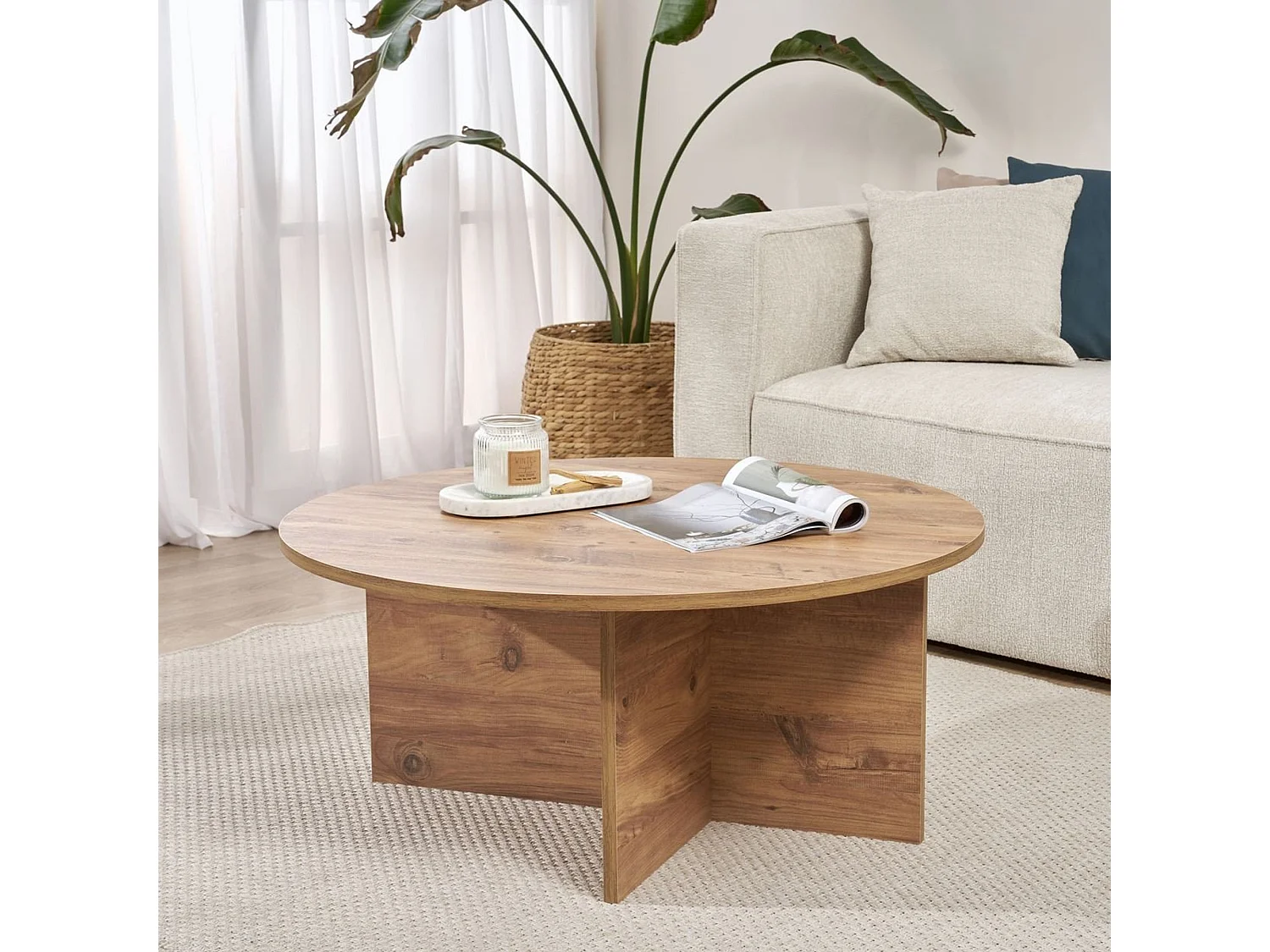 Table basse Simbario, ronde, 90x90x40h cm, chêne nodé, plateau en bois mélaminé, couleur marron