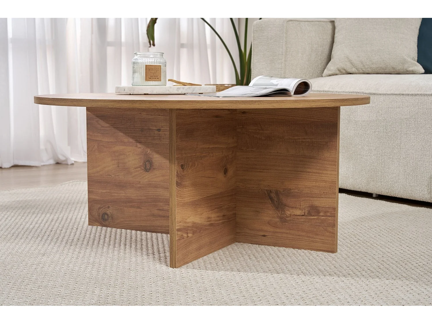 Table basse Simbario, ronde, 90x90x40h cm, chêne nodé, plateau en bois mélaminé, couleur marron