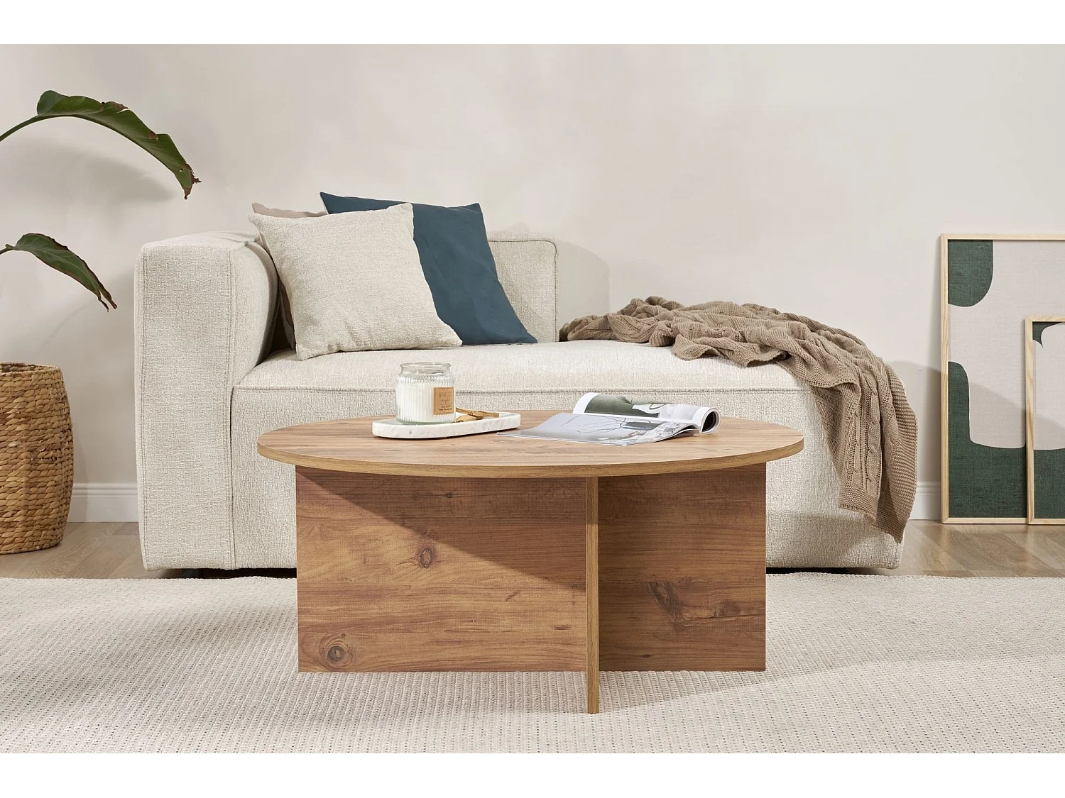 Table basse Simbario, ronde, 90x90x40h cm, chêne nodé, plateau en bois mélaminé, couleur marron