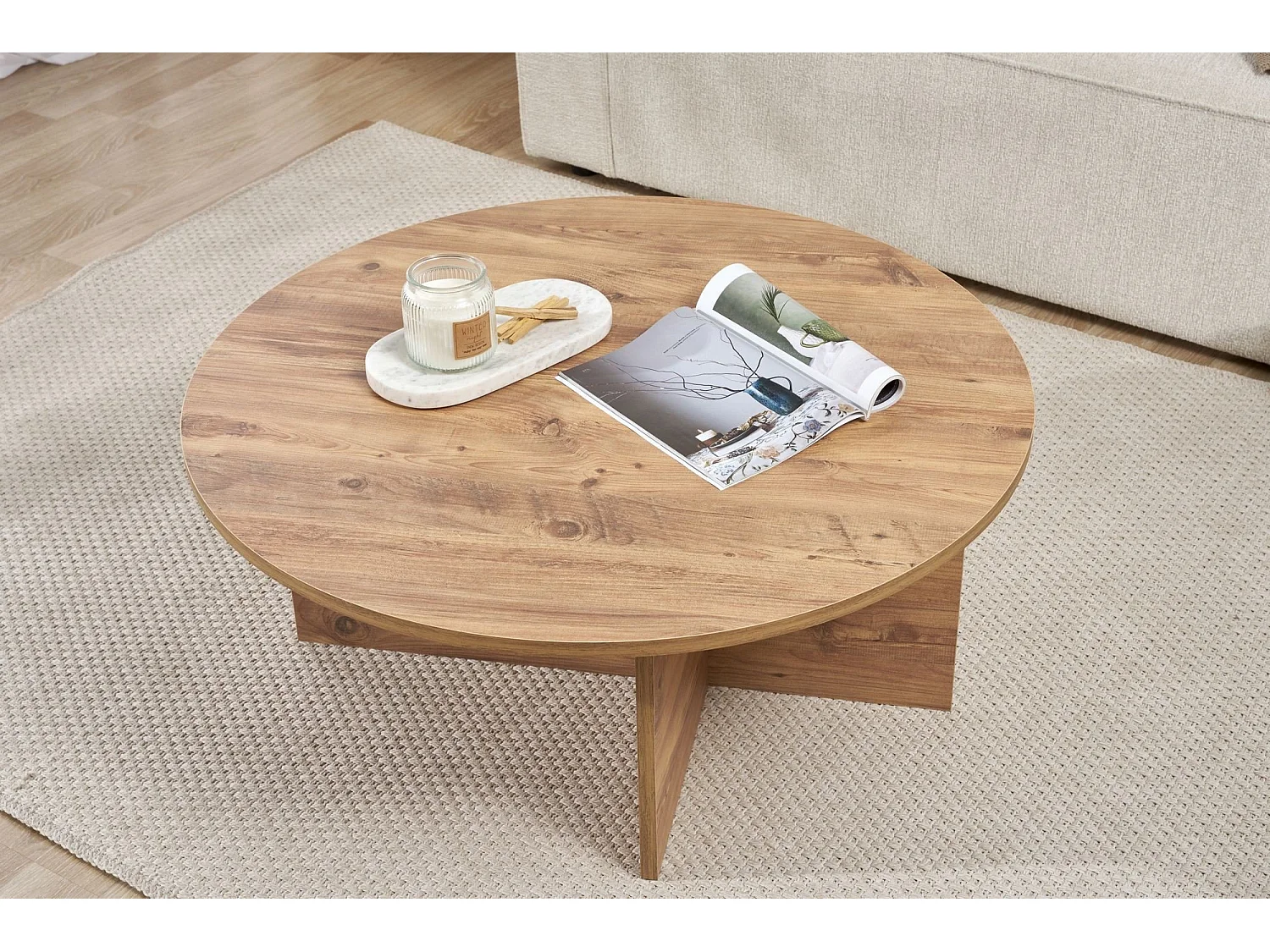 Table basse Simbario, ronde, 90x90x40h cm, chêne nodé, plateau en bois mélaminé, couleur marron