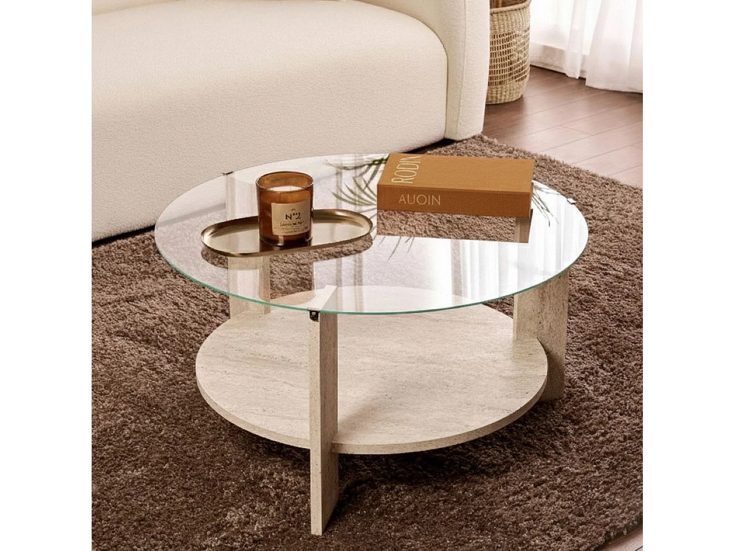 Table Basse Canevino, Forme Ronde, 75x75x40h cm Blanc Marbre, Plateau en Verre, Couleur Transparente