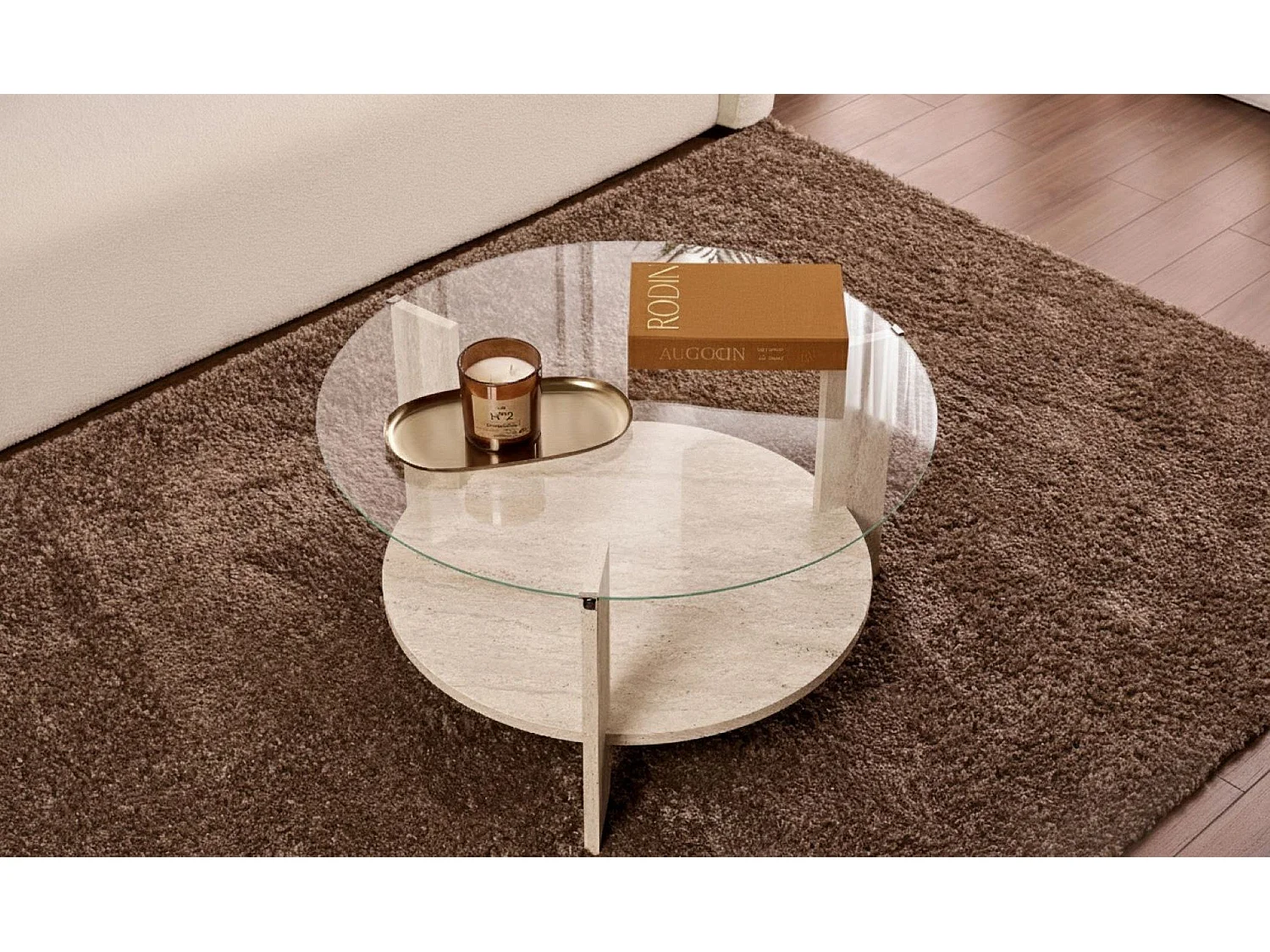 Table Basse Canevino, Forme Ronde, 75x75x40h cm Blanc Marbre, Plateau en Verre, Couleur Transparente