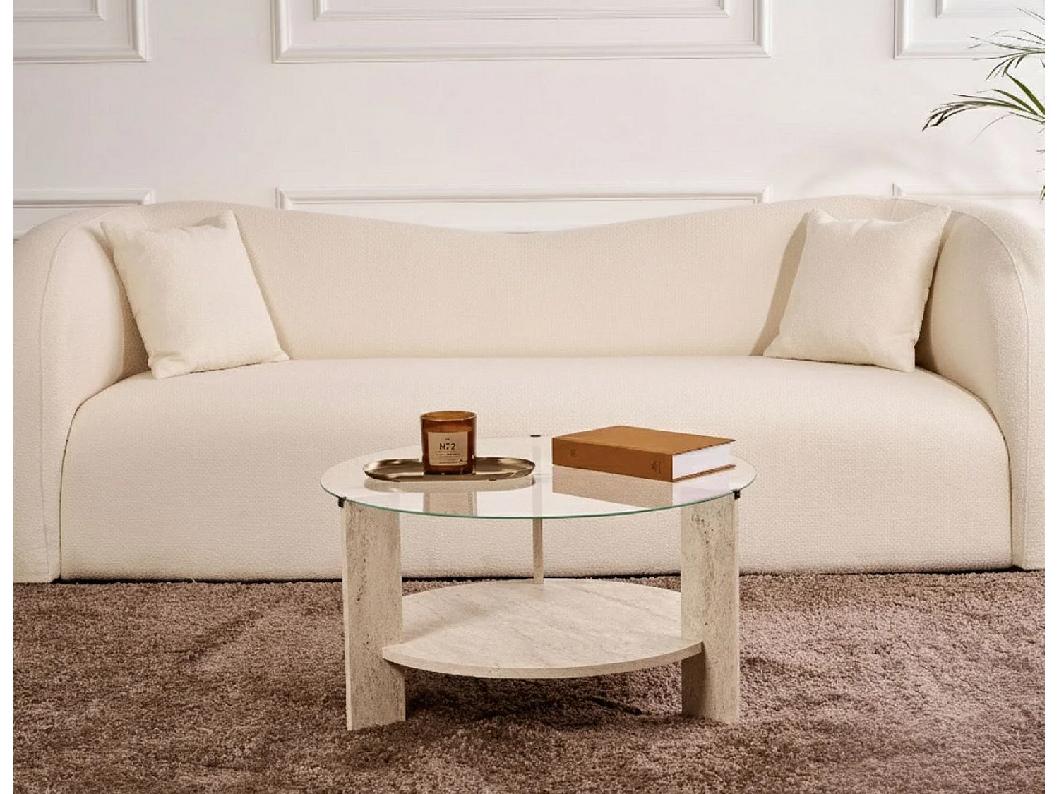 Table Basse Canevino, Forme Ronde, 75x75x40h cm Blanc Marbre, Plateau en Verre, Couleur Transparente