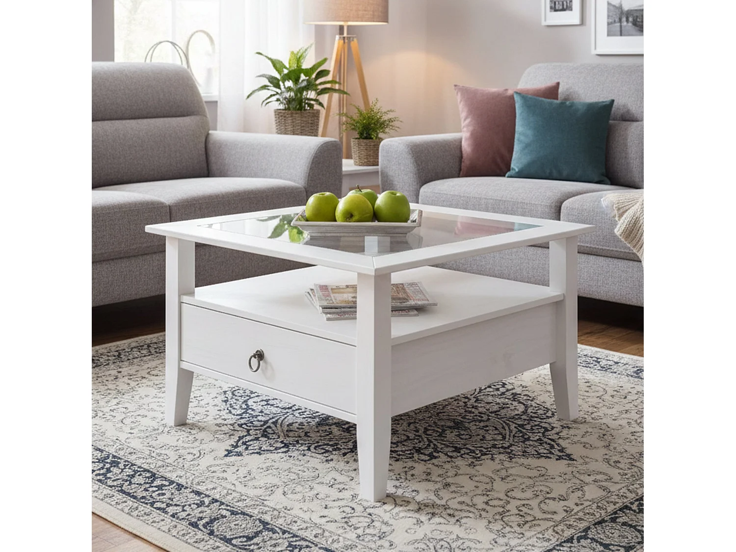 Tavolino da Salotto Tiglieto, un Cassetto, 75x75x45h cm Bianco, un Vano, Forma Quadrata