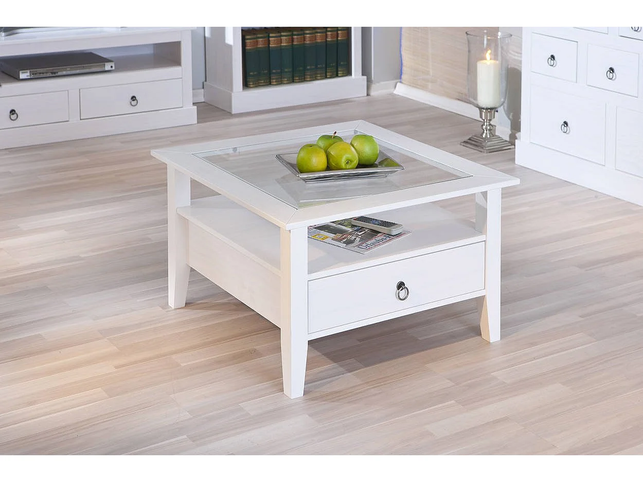 Tavolino da Salotto Tiglieto, un Cassetto, 75x75x45h cm Bianco, un Vano, Forma Quadrata