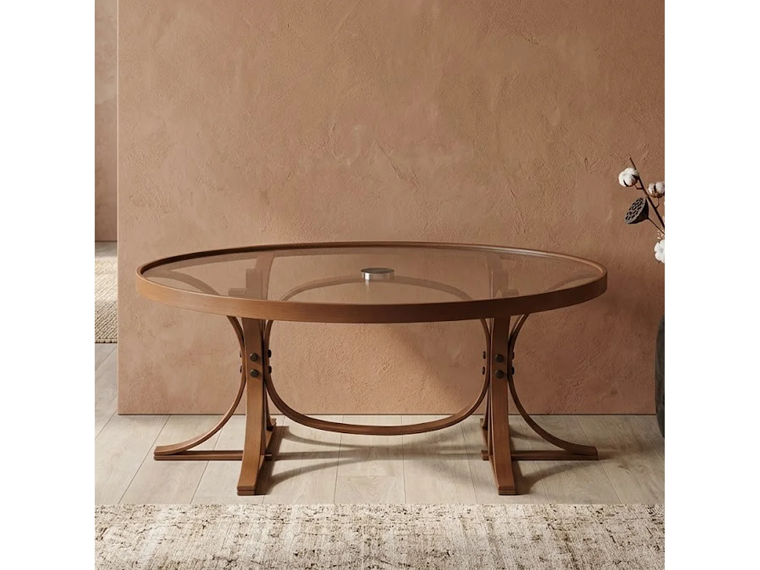 Tavolino da Salotto Sommo, Piano in Vetro Temperato, 112x78x47h cm Marrone Noce, Forma Ovale, Materiale Struttura in Vetro