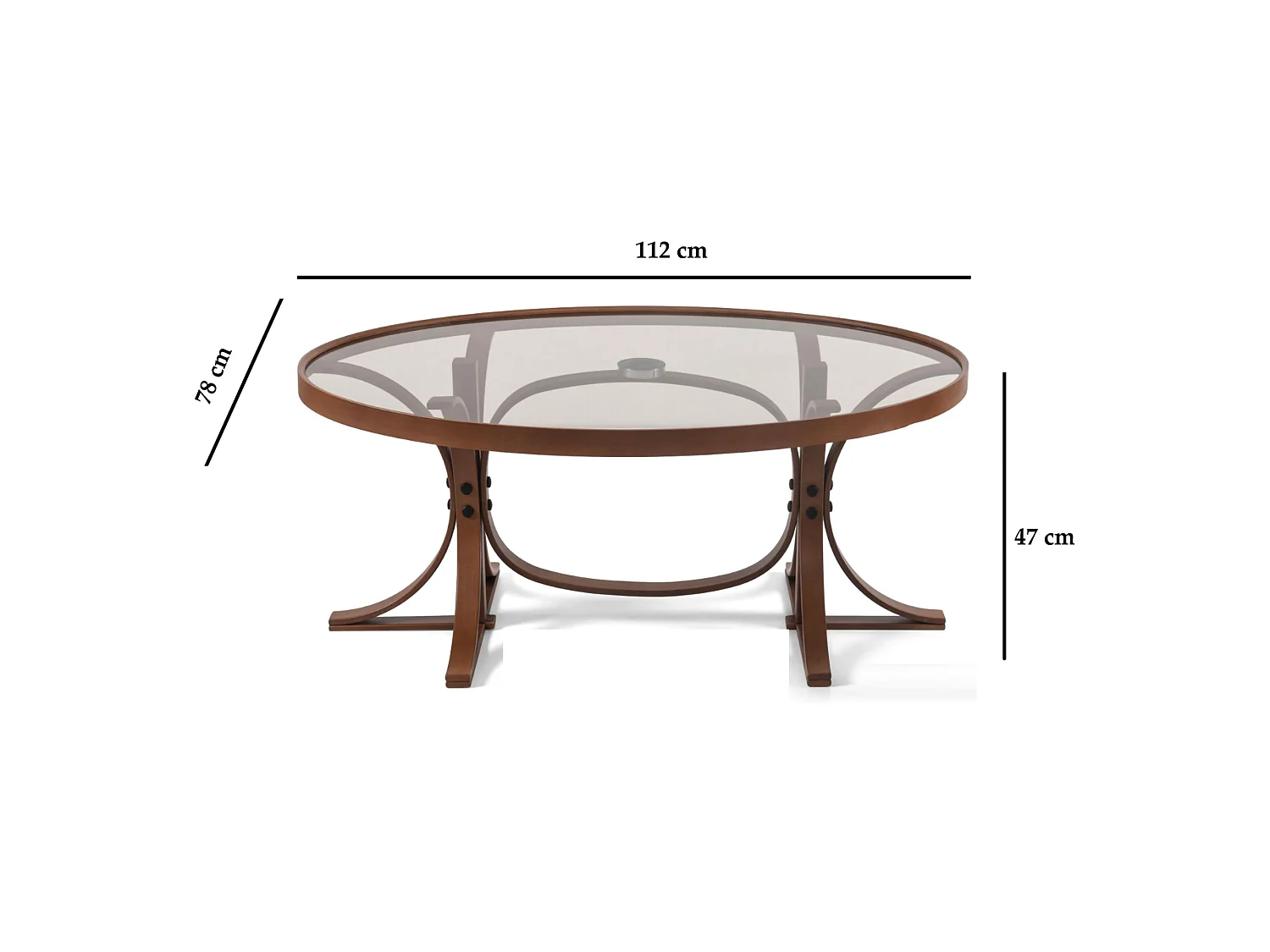 Tavolino da Salotto Sommo, Piano in Vetro Temperato, 112x78x47h cm Marrone Noce, Forma Ovale, Materiale Struttura in Vetro