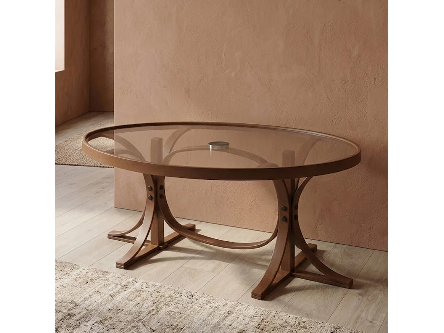 Tavolino da Salotto Sommo, Piano in Vetro Temperato, 112x78x47h cm Marrone Noce, Forma Ovale, Materiale Struttura in Vetro