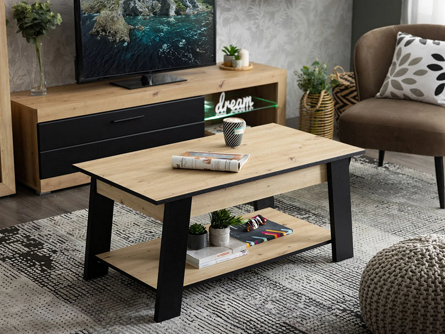 Tavolino da Salotto Casaglia, un Vano, 101x55x47h cm Marrone Rovere Nodi, Forma Rettangolare, Colore Ripiano Marrone