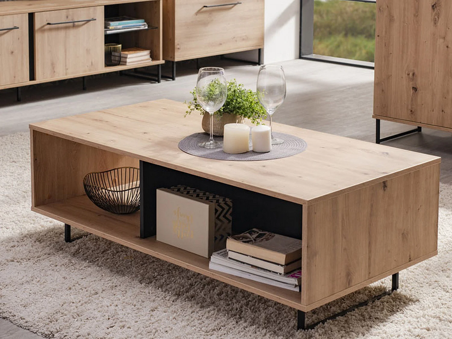 Tavolino da Salotto Corsano, con Piedini, 121x61x43h cm Marrone Rovere Nodi, 2 Vani, Forma Rettangolare