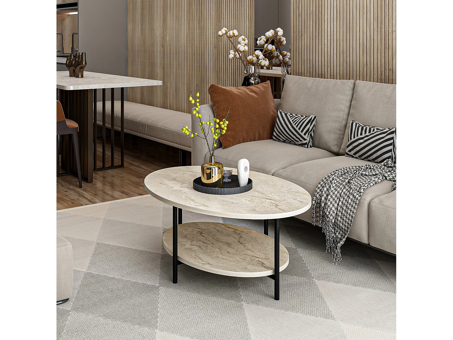 Couchtisch Subiaco, mit Füßen, 90x60x36h cm Beige Marmor, ein Fach, Oval Form