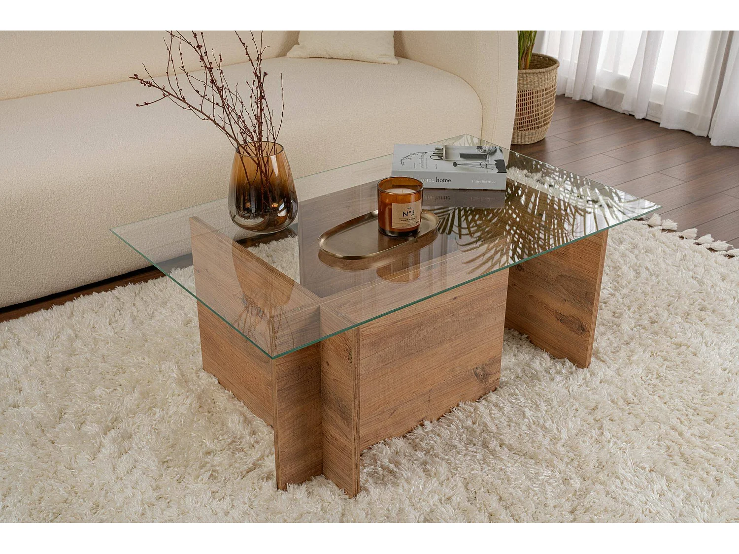 Salontafel Azriel, tijdschriftenrek, 105x65x40h cm bruin grenen, rechthoekige vorm, kleurverloop, grenen frame