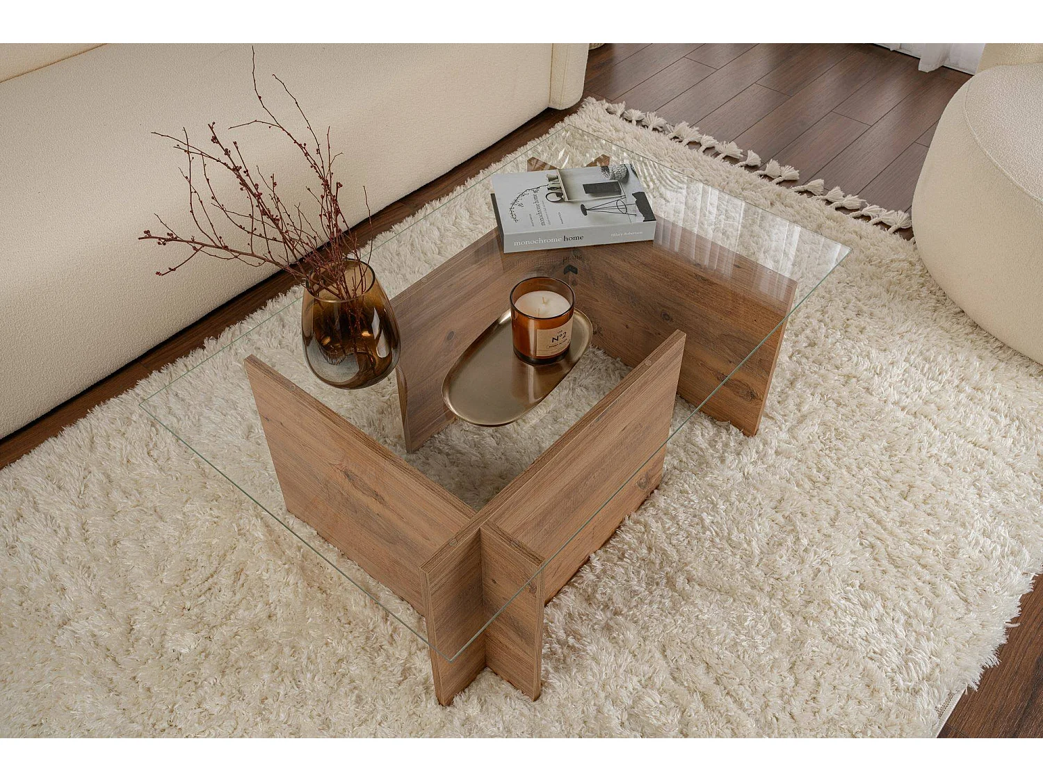 Salontafel Azriel, tijdschriftenrek, 105x65x40h cm bruin grenen, rechthoekige vorm, kleurverloop, grenen frame