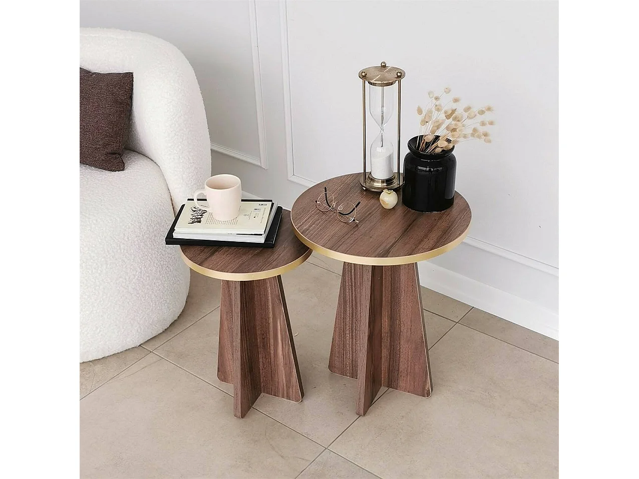 Salontafel Cardito, tijdschriftenrek, 40x40x50h cm goud goud, ronde vorm, kleur blad bruin