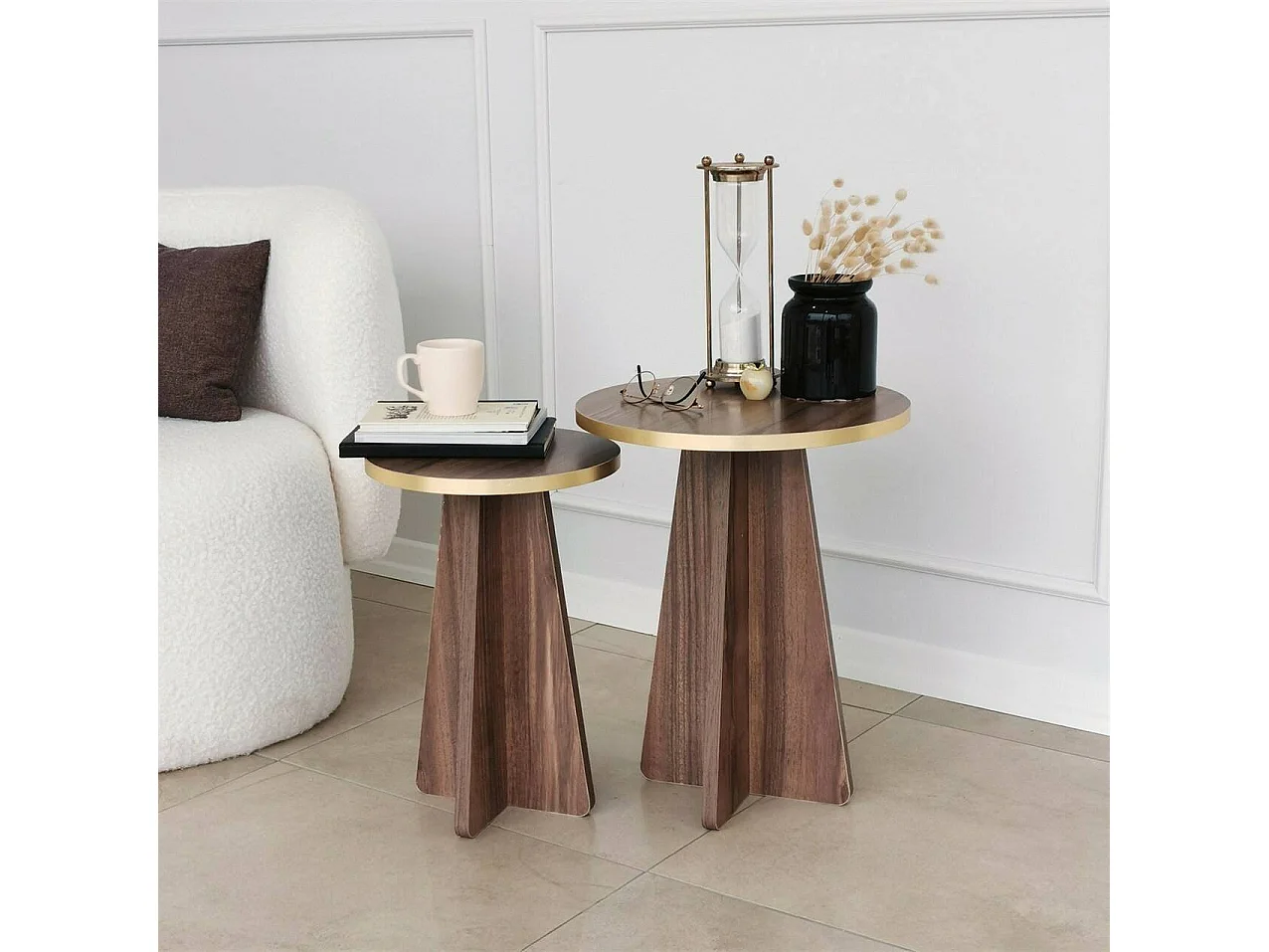 Salontafel Cardito, tijdschriftenrek, 40x40x50h cm goud goud, ronde vorm, kleur blad bruin