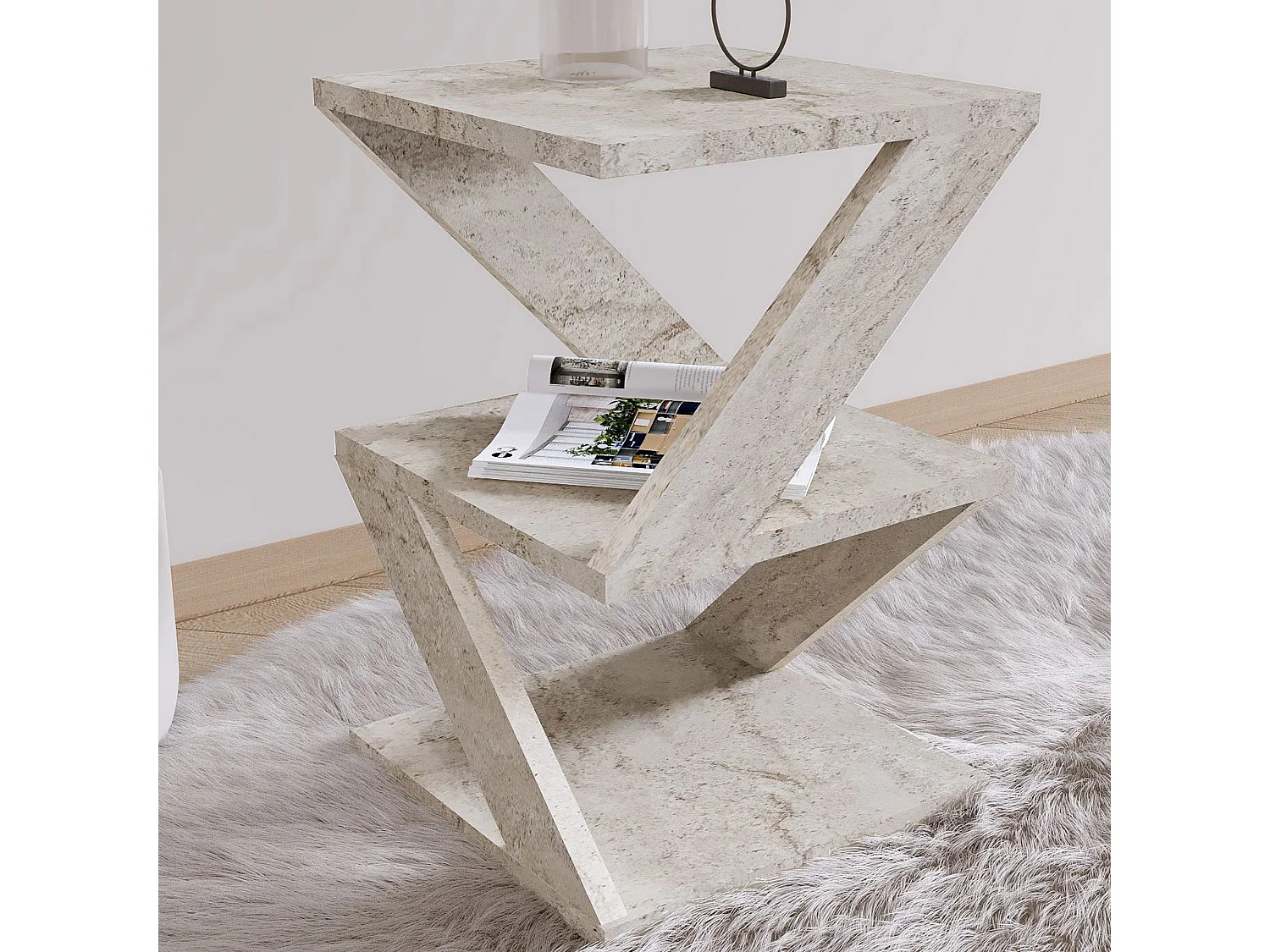 Tavolino da Salotto Dovera, 2 Vani, 30x30x54h cm Bianco Marmo, Forma Quadrato, Sfumatura Colore Ripiano Marmo