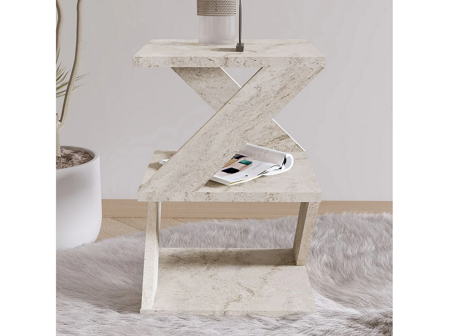 Tavolino da Salotto Dovera, 2 Vani, 30x30x54h cm Bianco Marmo, Forma Quadrato, Sfumatura Colore Ripiano Marmo