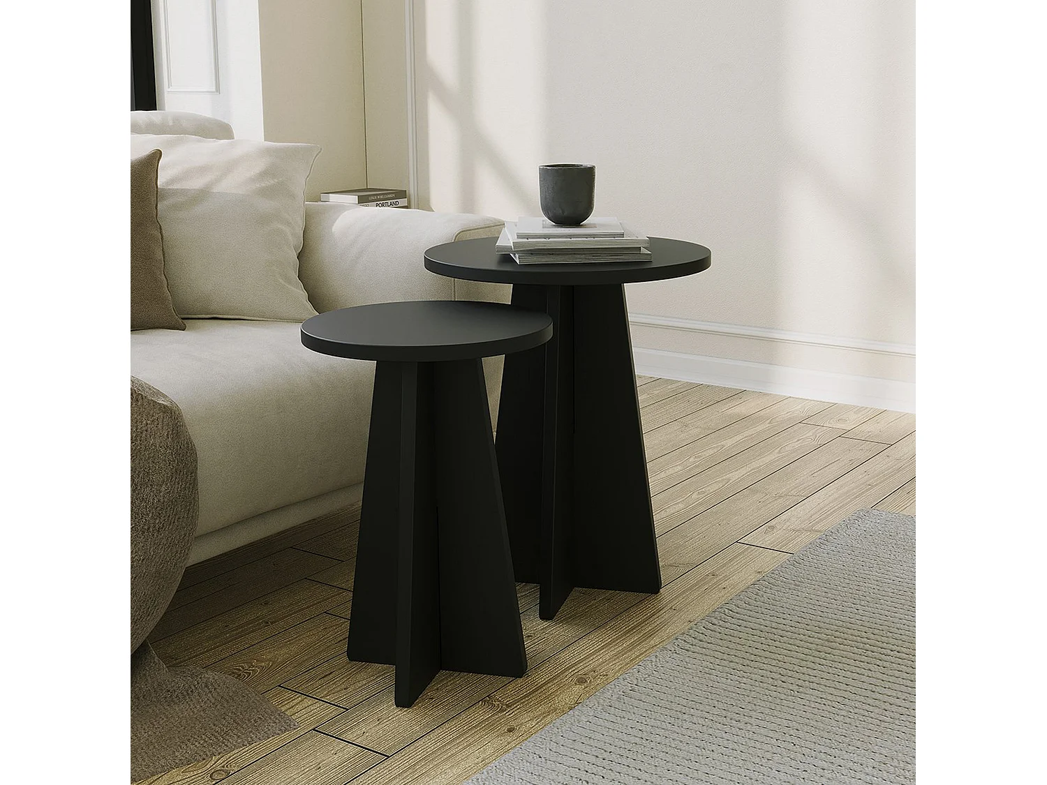 Tavolino da Salotto Dorina, set 2 Pezzi, 40x40x50h cm Nero, Forma Rotondo, Materiale Piano in Legno Nobilitato