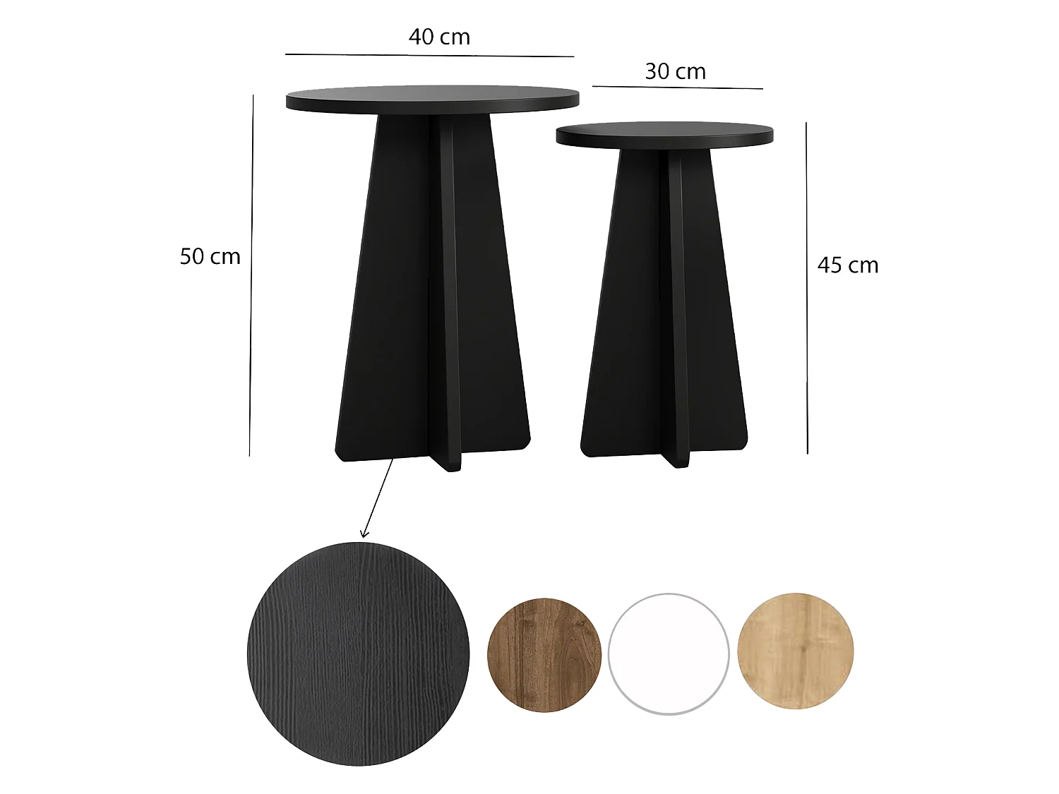 Tavolino da Salotto Dorina, set 2 Pezzi, 40x40x50h cm Nero, Forma Rotondo, Materiale Piano in Legno Nobilitato