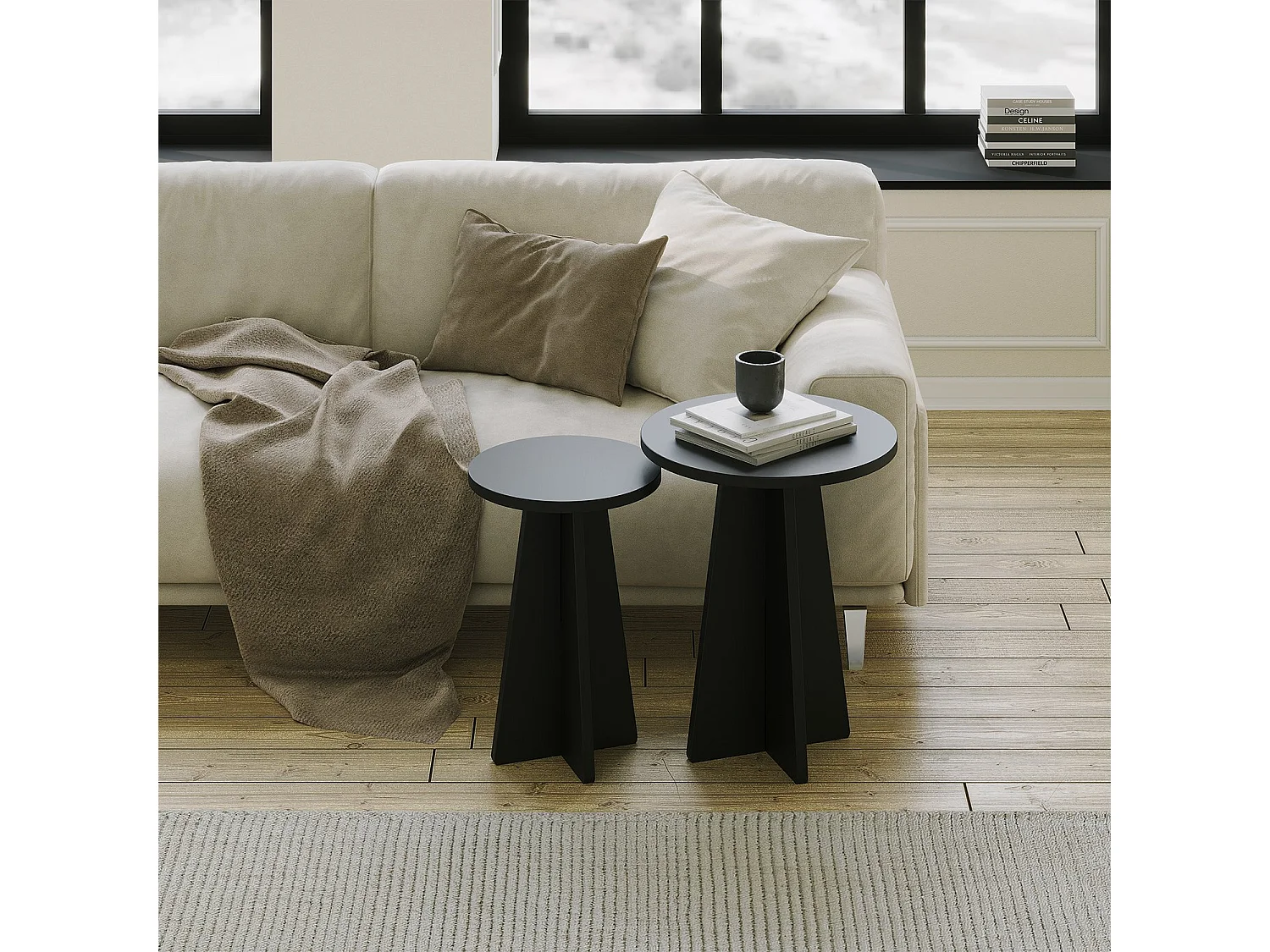 Tavolino da Salotto Dorina, set 2 Pezzi, 40x40x50h cm Nero, Forma Rotondo, Materiale Piano in Legno Nobilitato