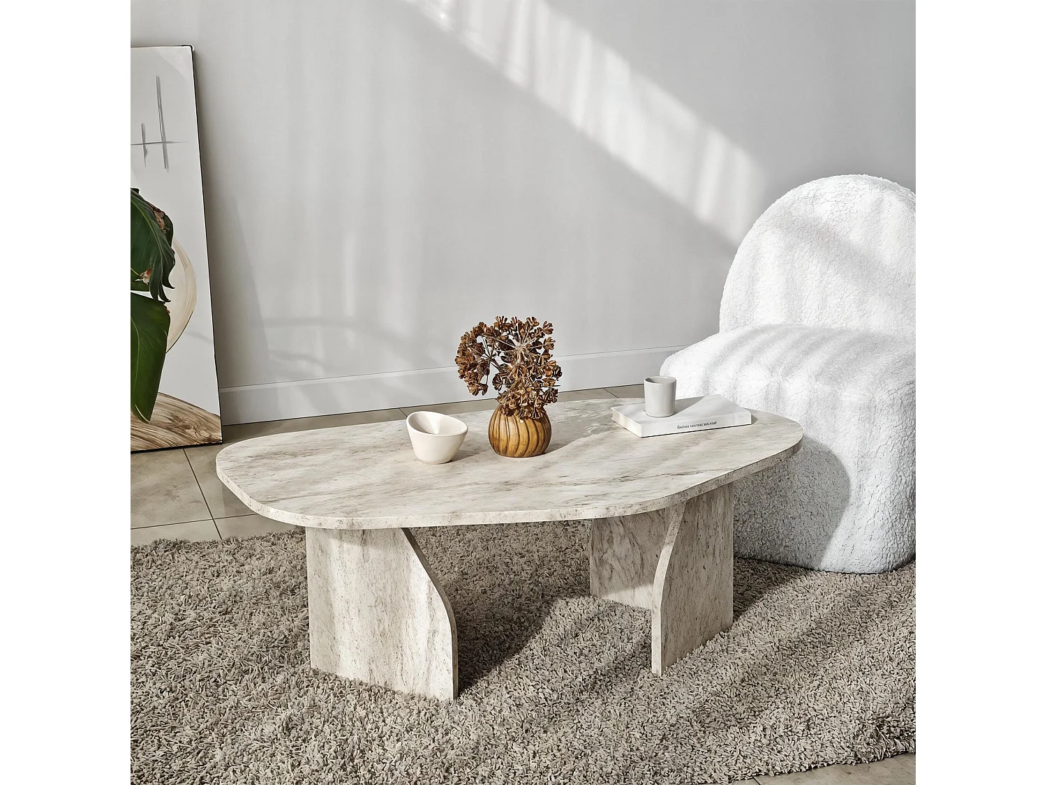 Tavolino da Salotto Lozza, Forma Ovale, 100x60x35h cm Bianco Marmo, Materiale Piano in Legno Nobilitato, Colore Ripiano Bianco