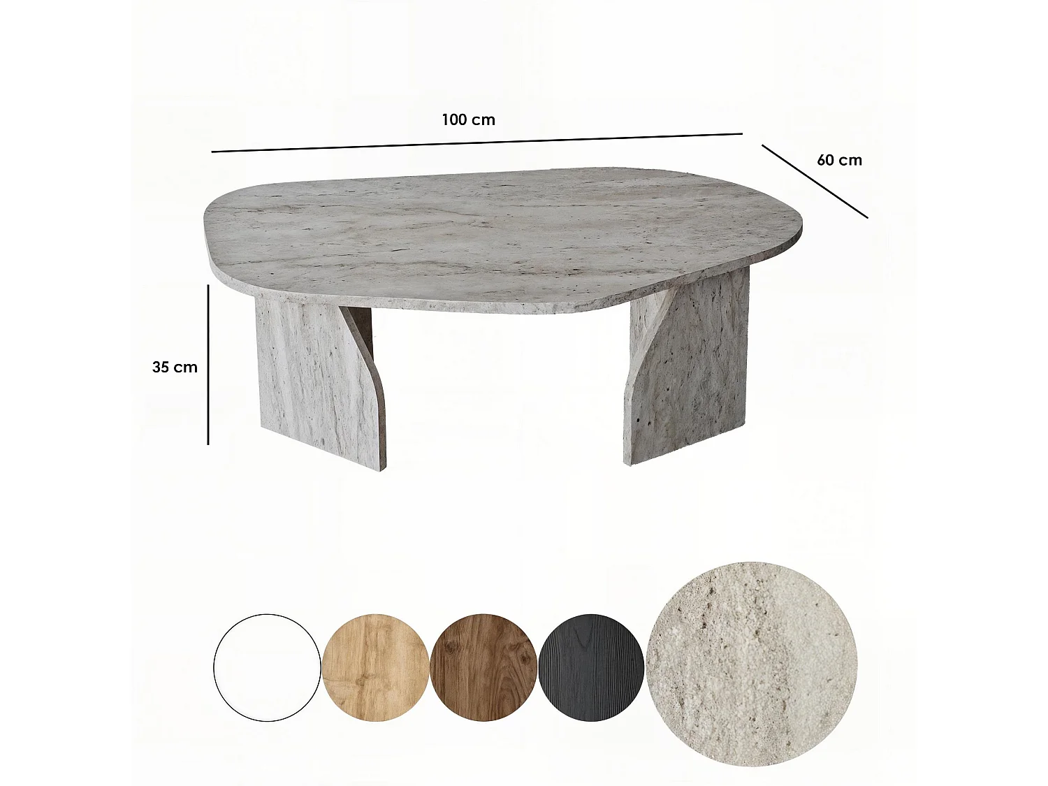 Tavolino da Salotto Lozza, Forma Ovale, 100x60x35h cm Bianco Marmo, Materiale Piano in Legno Nobilitato, Colore Ripiano Bianco