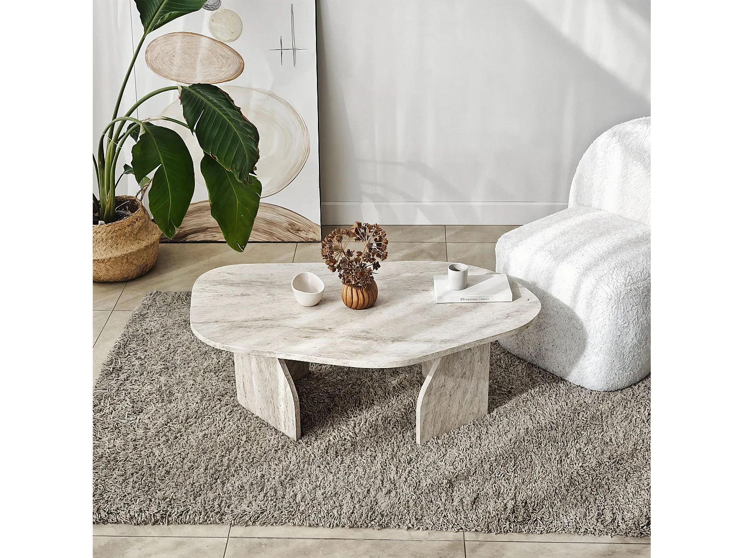 Tavolino da Salotto Lozza, Forma Ovale, 100x60x35h cm Bianco Marmo, Materiale Piano in Legno Nobilitato, Colore Ripiano Bianco