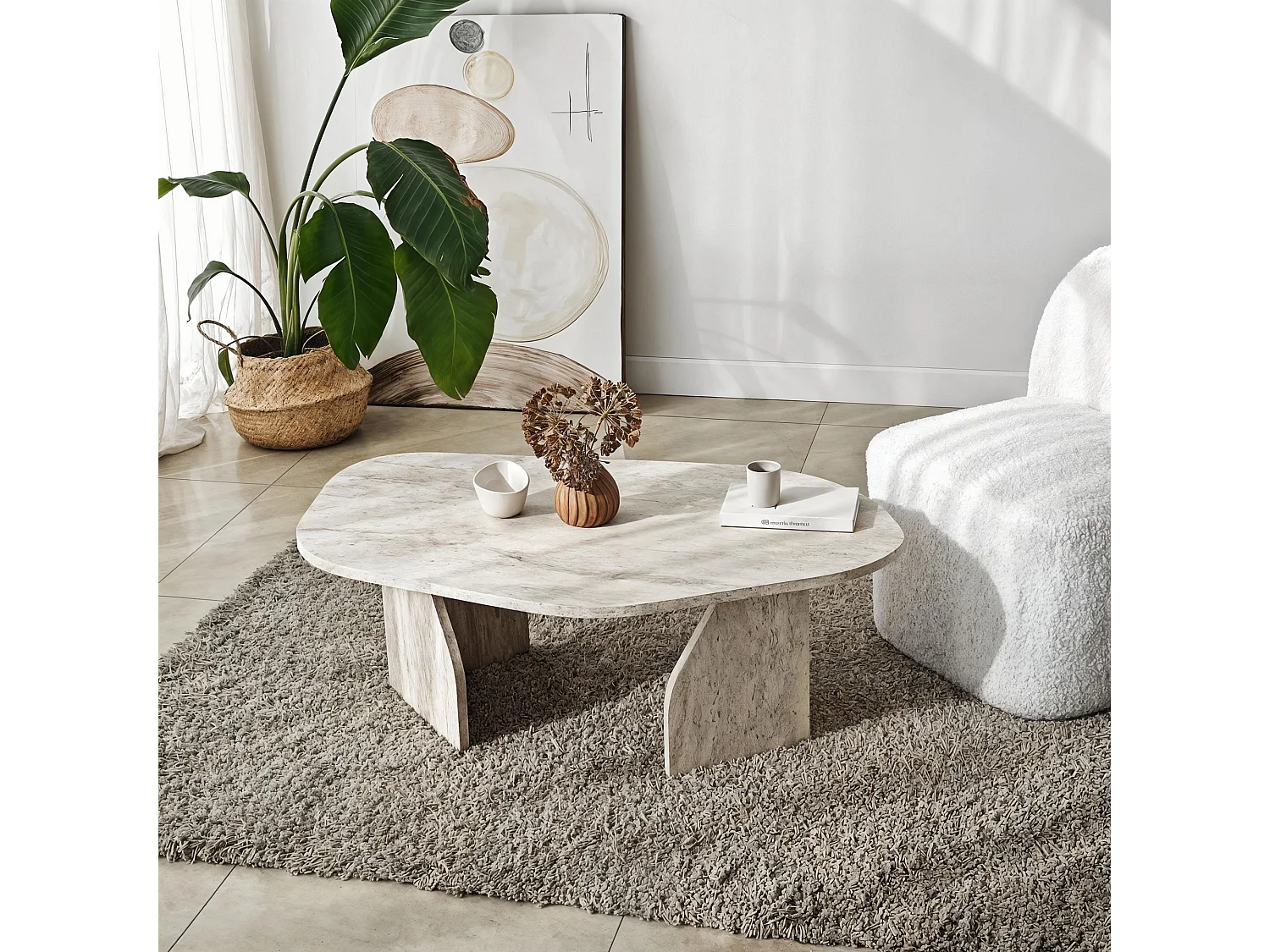 Tavolino da Salotto Lozza, Forma Ovale, 100x60x35h cm Bianco Marmo, Materiale Piano in Legno Nobilitato, Colore Ripiano Bianco