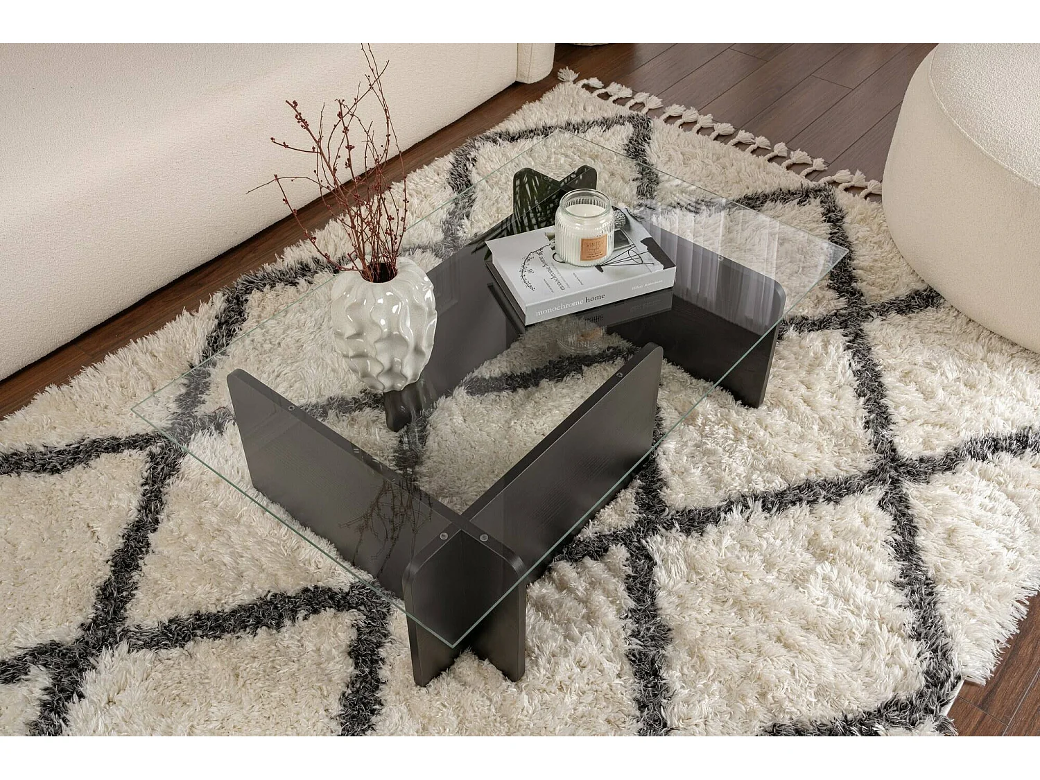 Salontafel Kallias, tijdschriftenhouder, 105x65x30h cm zwart, rechthoekig, glazen blad