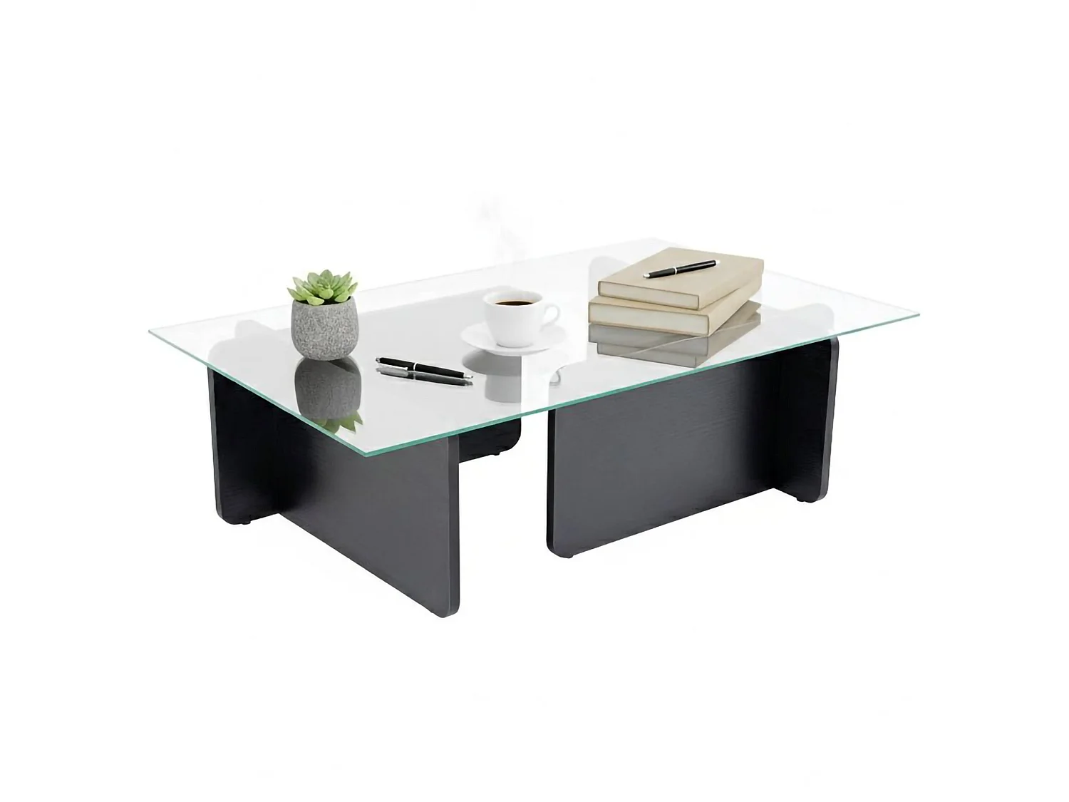 Salontafel Kallias, tijdschriftenhouder, 105x65x30h cm zwart, rechthoekig, glazen blad