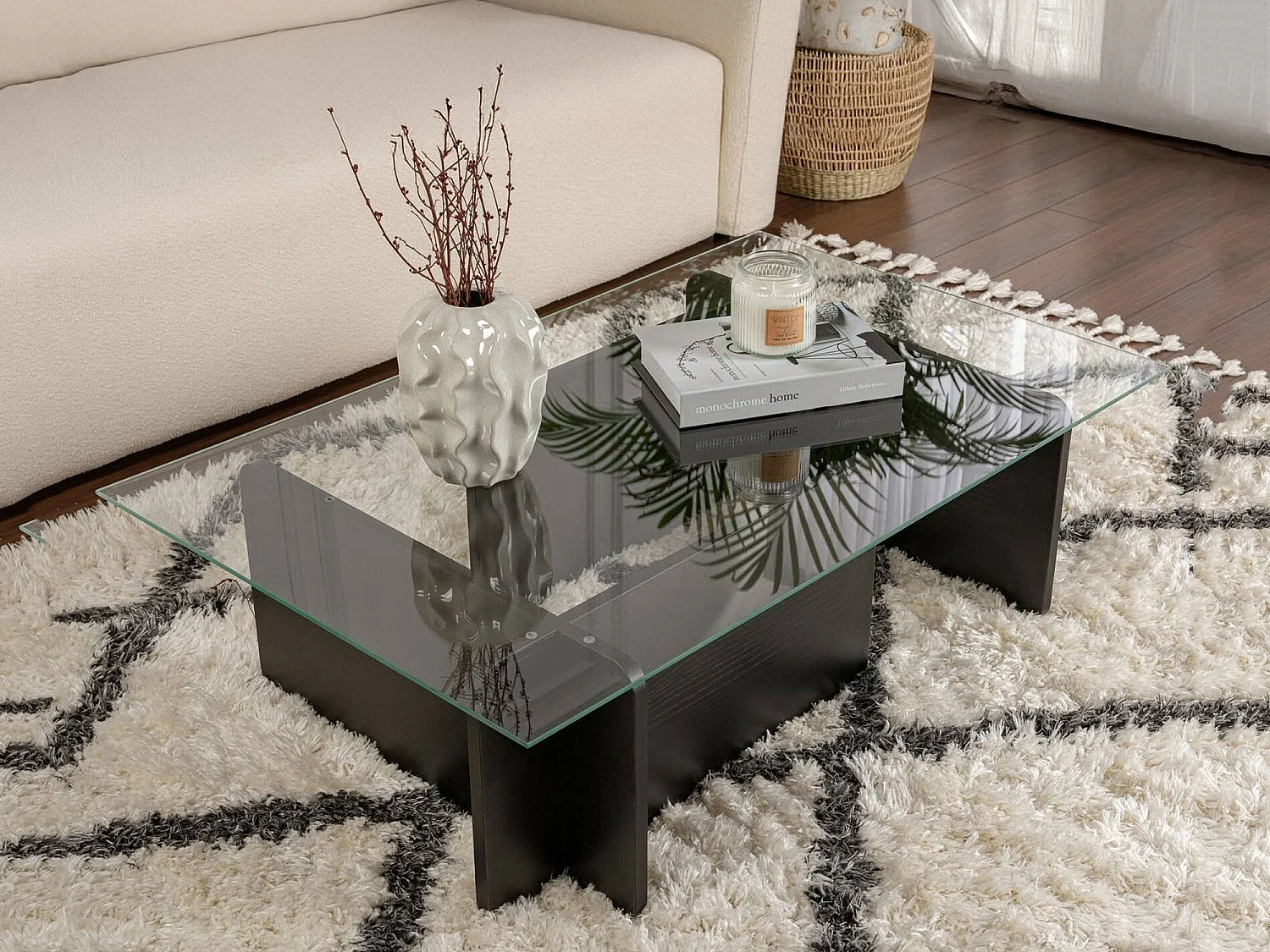 Salontafel Kallias, tijdschriftenhouder, 105x65x30h cm zwart, rechthoekig, glazen blad