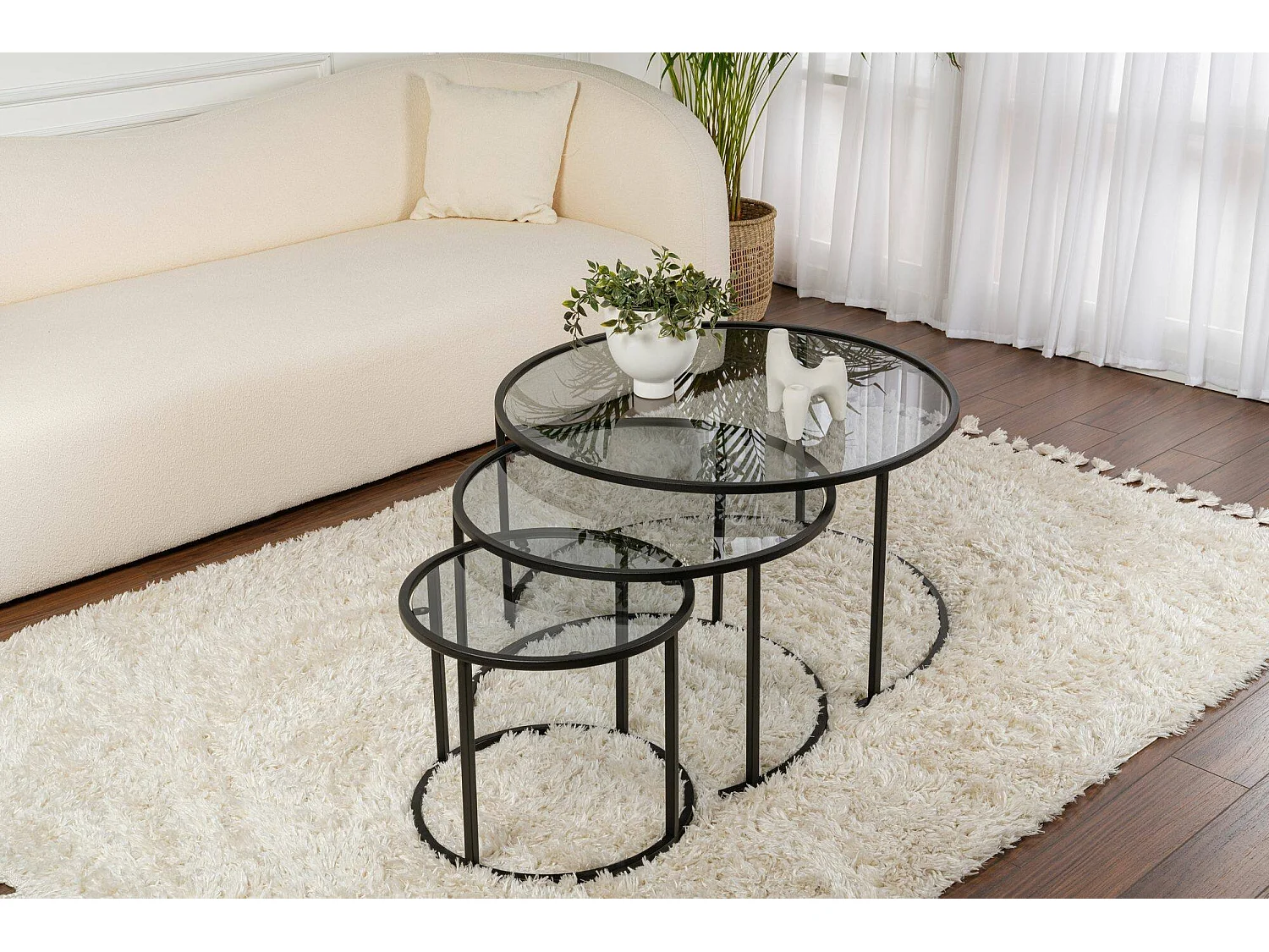 Rowan salontafel, ronde vorm, 80x80x43h cm zwart, glazen tafelblad, transparant onderblad