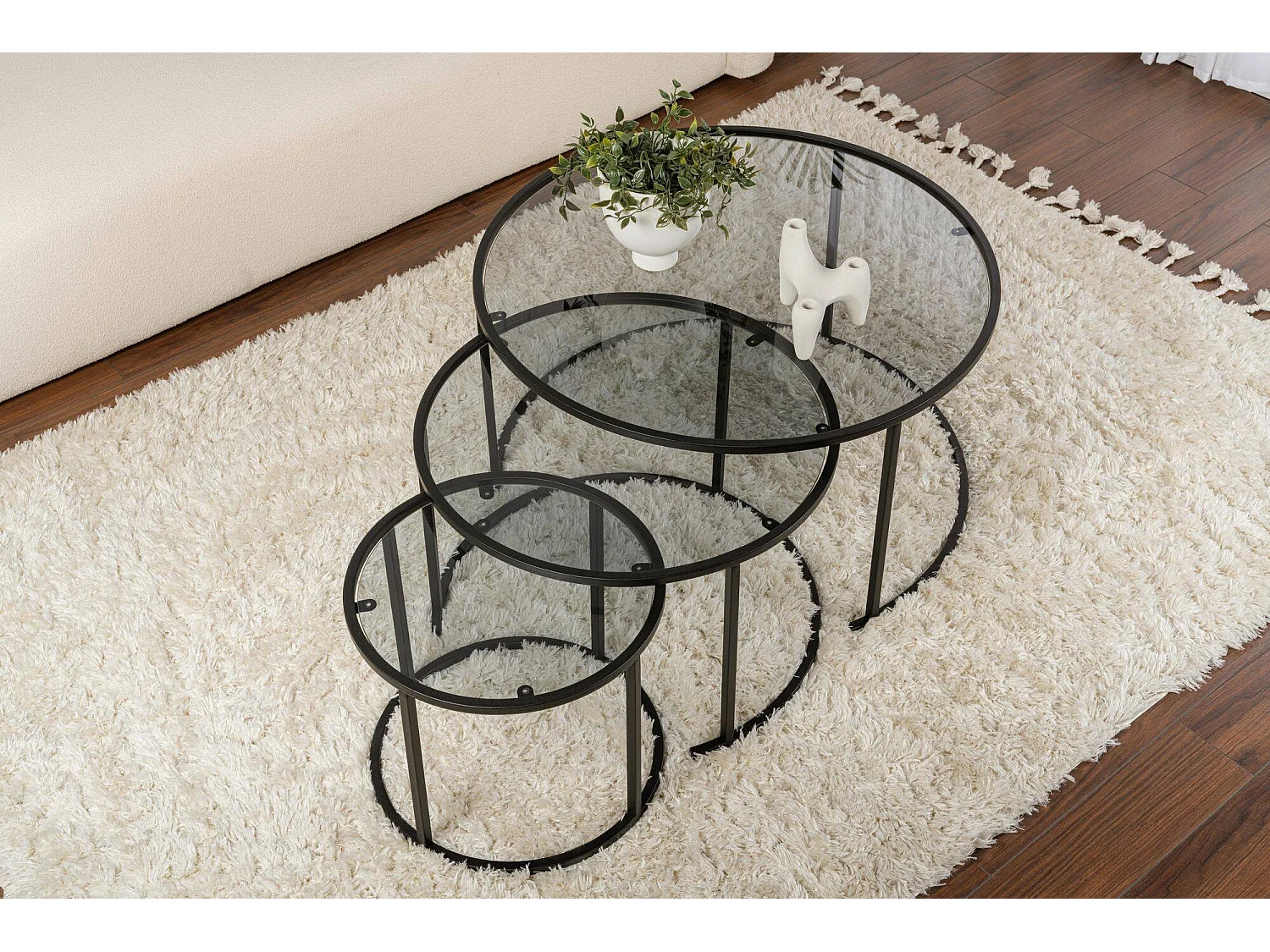 Rowan salontafel, ronde vorm, 80x80x43h cm zwart, glazen tafelblad, transparant onderblad