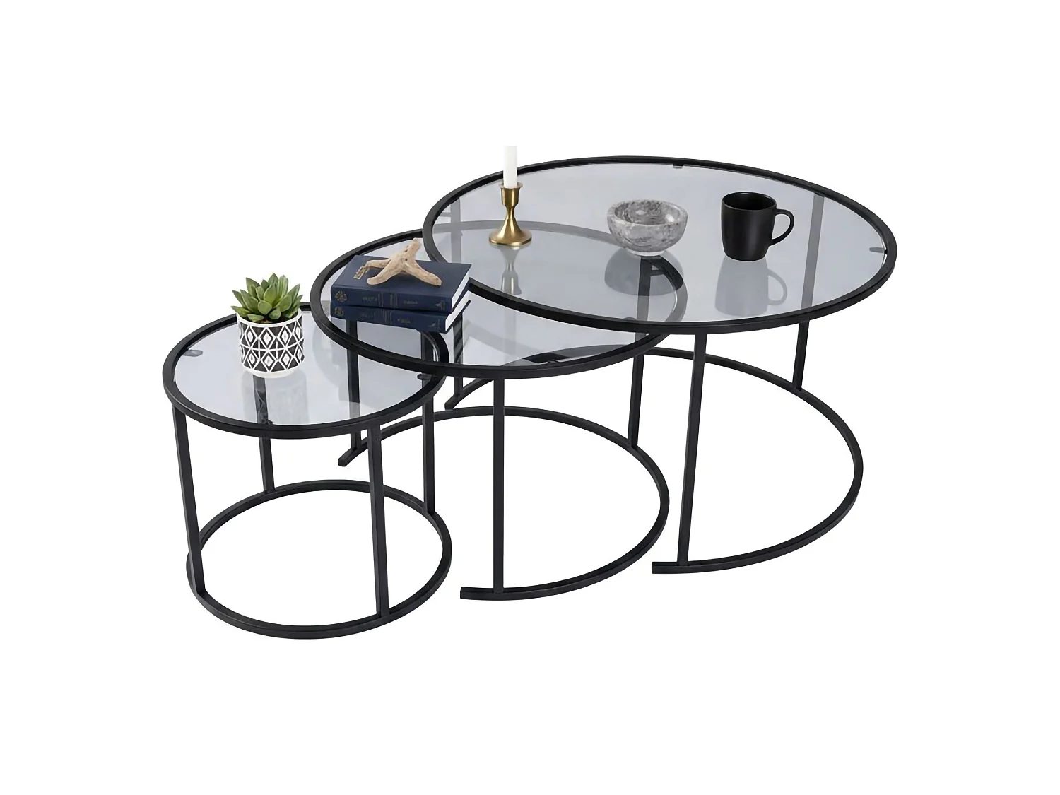 Mesa de centro Rowan, forma circular, 80x80x43h cm preta, tampo em vidro, prateleira transparente
