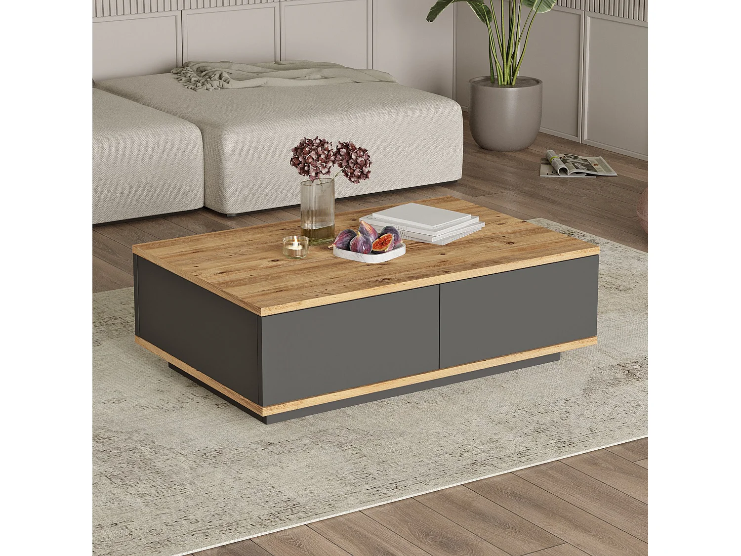 Tavolino da Salotto Babila, 2 Vani, 90x60x29h cm Marrone Rovere Nodi, Forma Rettangolare, Colore Ripiano Marrone