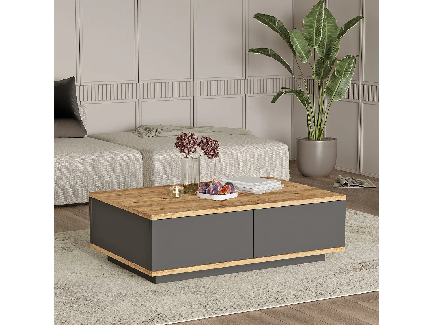Tavolino da Salotto Babila, 2 Vani, 90x60x29h cm Marrone Rovere Nodi, Forma Rettangolare, Colore Ripiano Marrone
