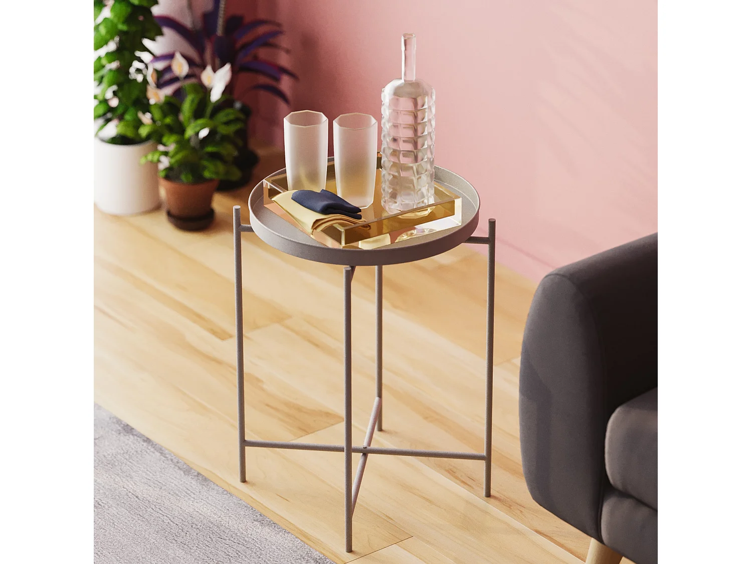 Table Basse Gombito, Forme Ronde, 46x46x56h cm Gris Clair, Plateau Métal, Couleur Étagère Grise
