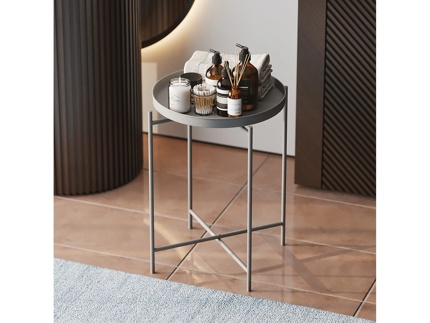 Table Basse Gombito, Forme Ronde, 46x46x56h cm Gris Clair, Plateau Métal, Couleur Étagère Grise