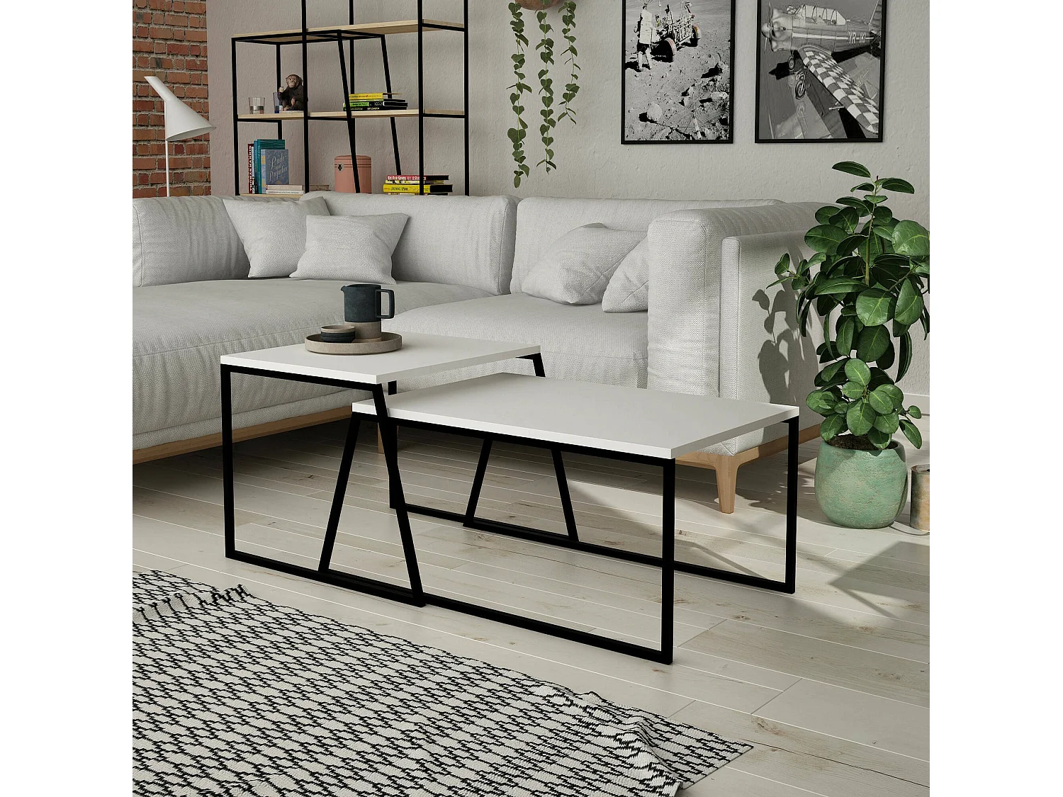 Salontafel Tavo, rechthoekig, 88x50x38h cm wit, framekleur zwart, blad van gemelamineerd hout