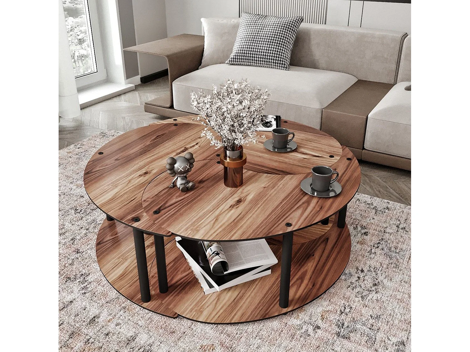 Table Basse Gignese, set de 3 Pièces, 70x70x38 cm Marron Chêne Foncé, 3 Compartiments, Forme Ronde