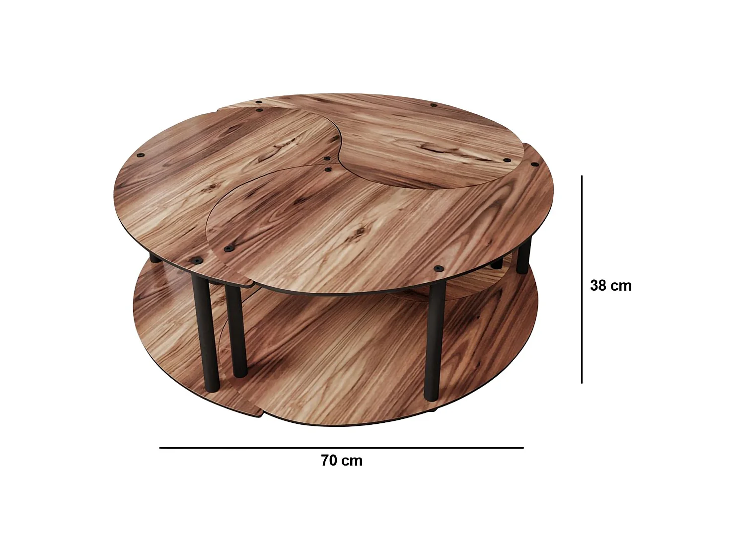 Table Basse Gignese, set de 3 Pièces, 70x70x38 cm Marron Chêne Foncé, 3 Compartiments, Forme Ronde