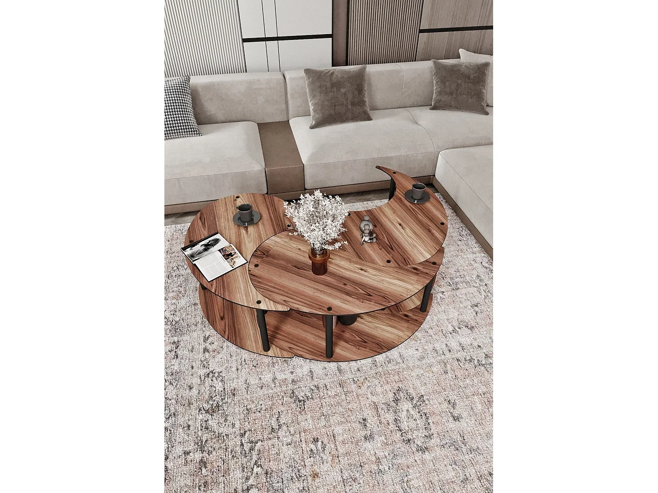 Table Basse Gignese, set de 3 Pièces, 70x70x38 cm Marron Chêne Foncé, 3 Compartiments, Forme Ronde