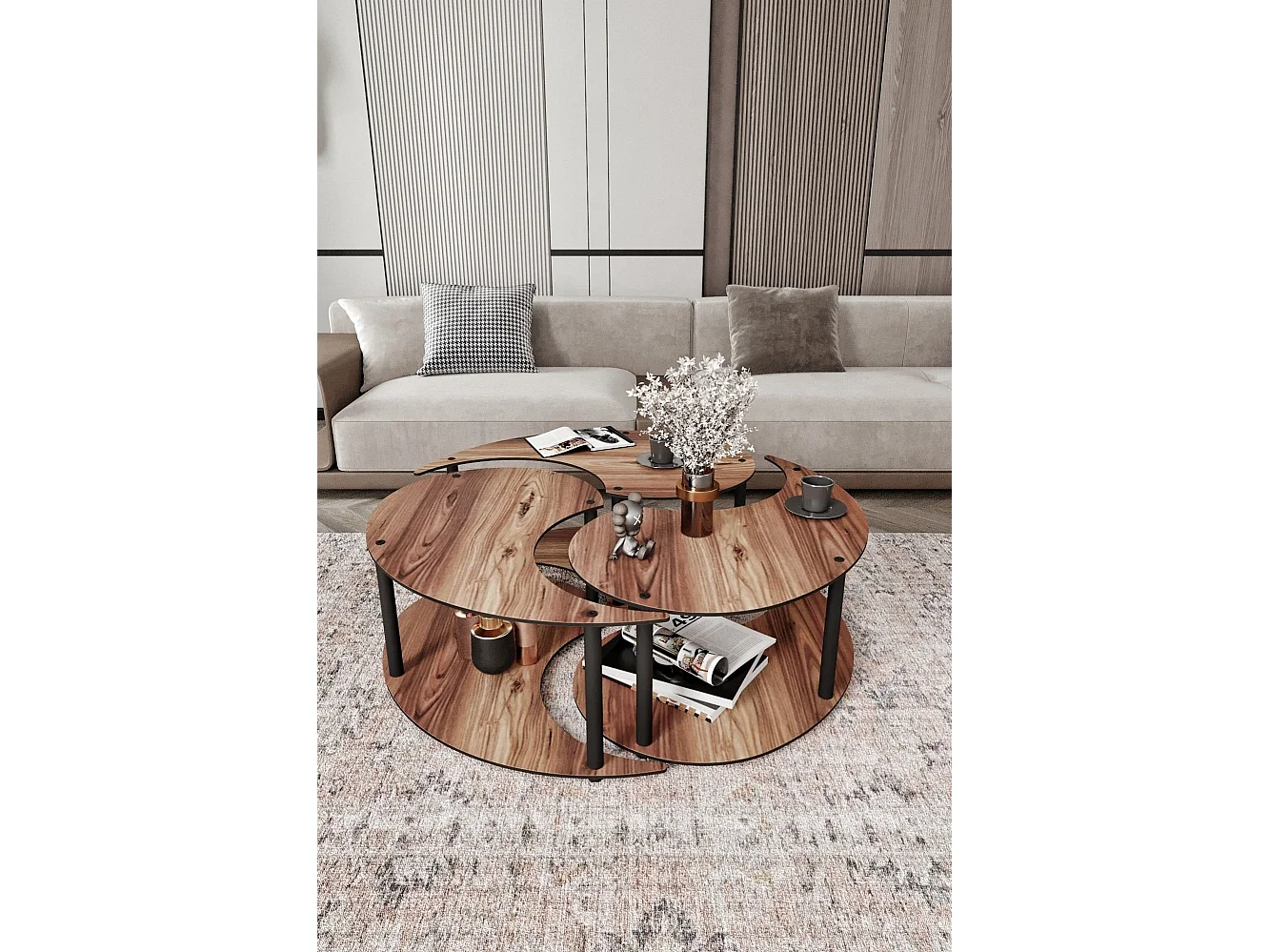 Table Basse Gignese, set de 3 Pièces, 70x70x38 cm Marron Chêne Foncé, 3 Compartiments, Forme Ronde