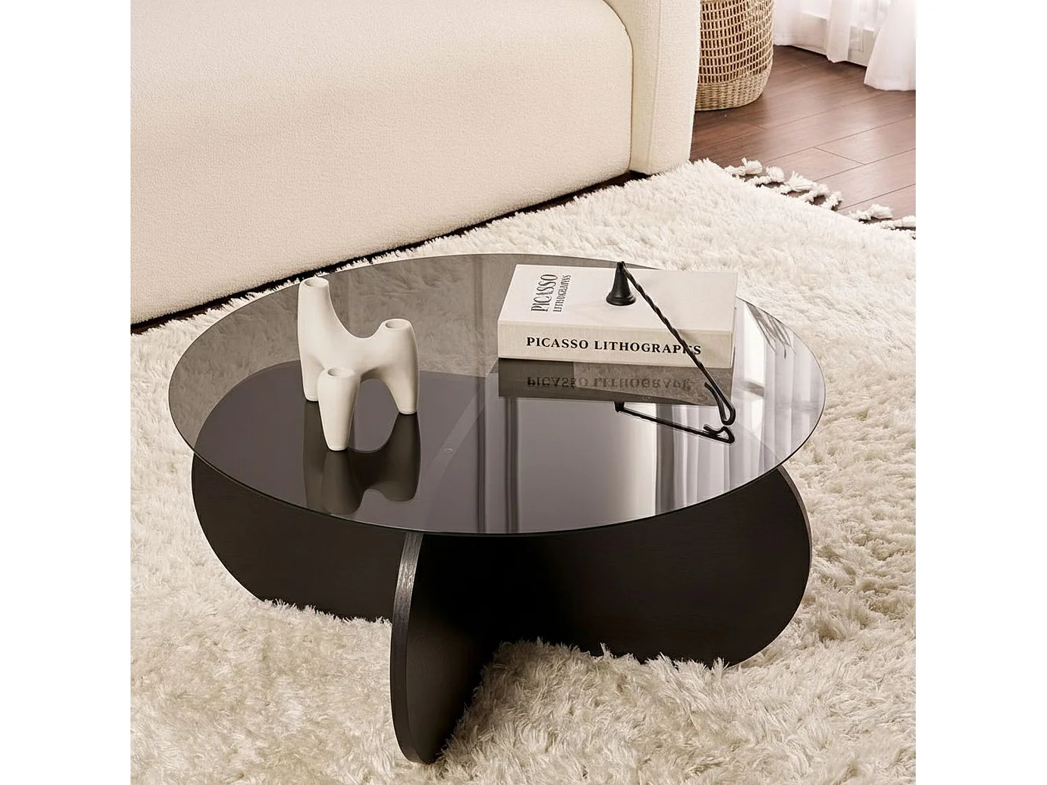 Table basse Cugnoli, ronde, 75x75x35h cm noir, plateau en verre, étagère transparente