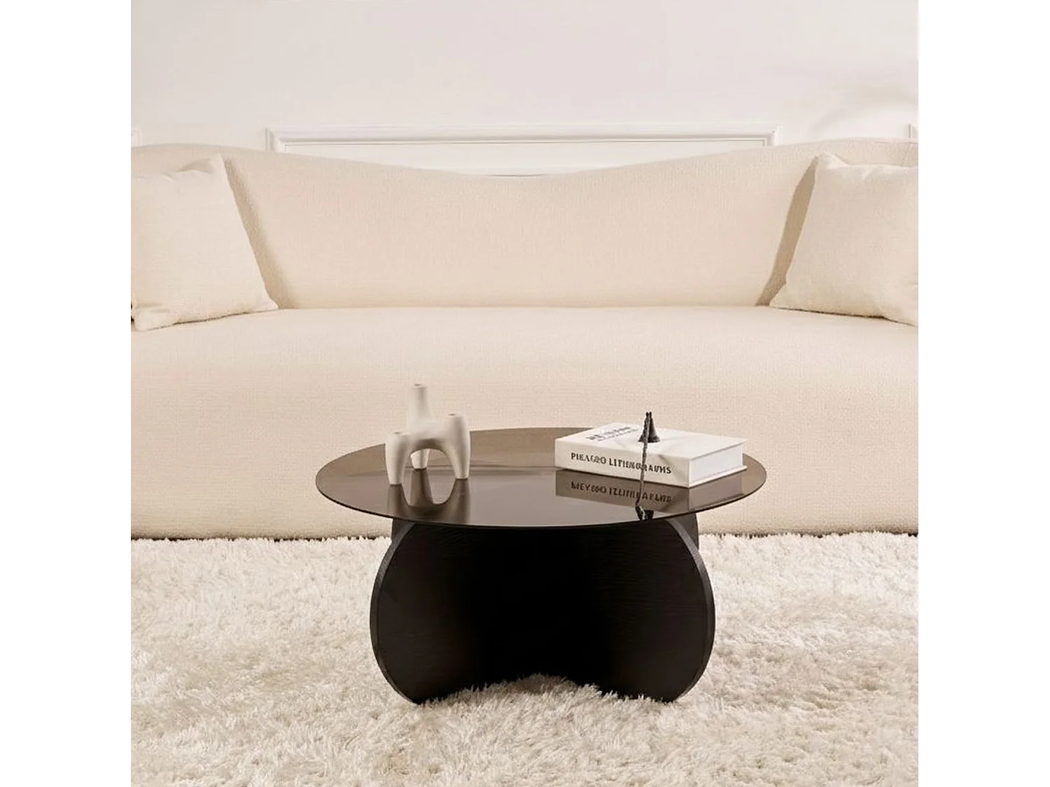 Table basse Cugnoli, ronde, 75x75x35h cm noir, plateau en verre, étagère transparente