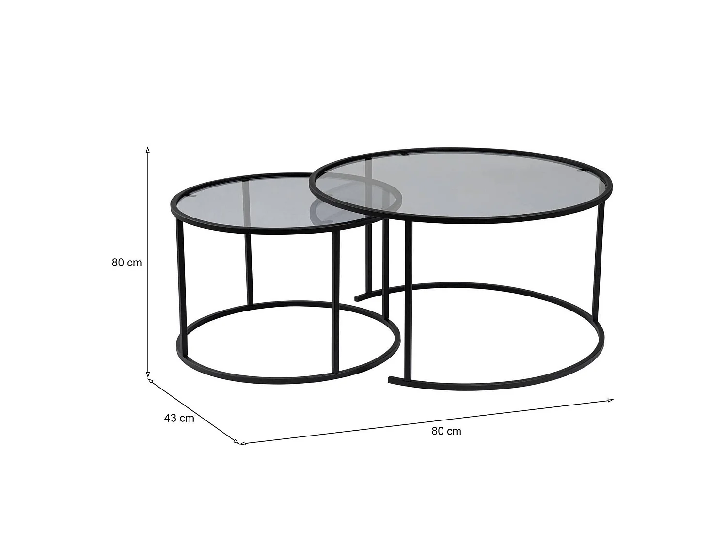 Salontafel Aedion, set van 2 tafeltjes, 80x80x43h cm Zwart, ronde vorm, kleurverloop rookglas blad