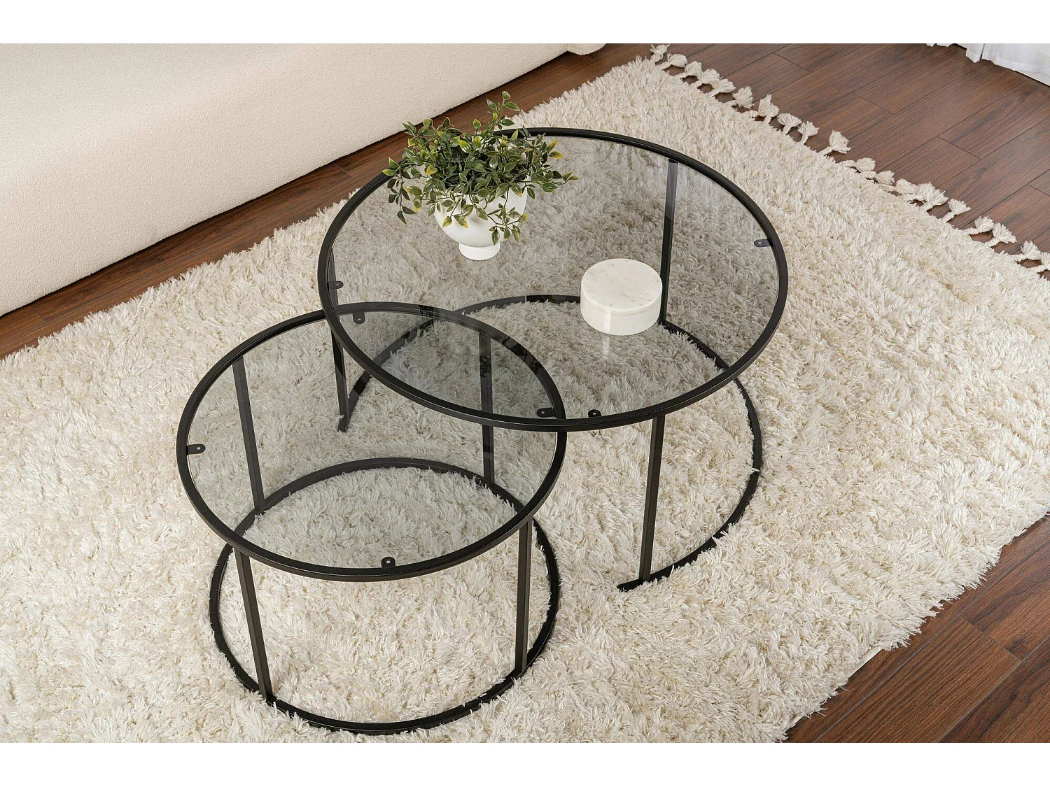 Salontafel Aedion, set van 2 tafeltjes, 80x80x43h cm Zwart, ronde vorm, kleurverloop rookglas blad